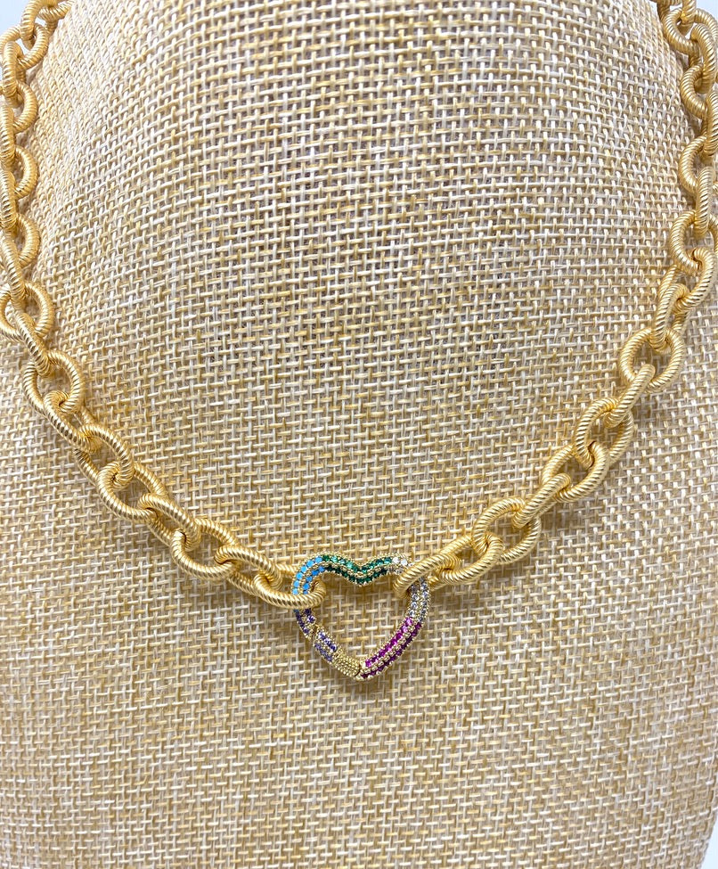 Heavy Gold Chain Necklace With Rainbow Square or Heart Shaped CZ Carabiner