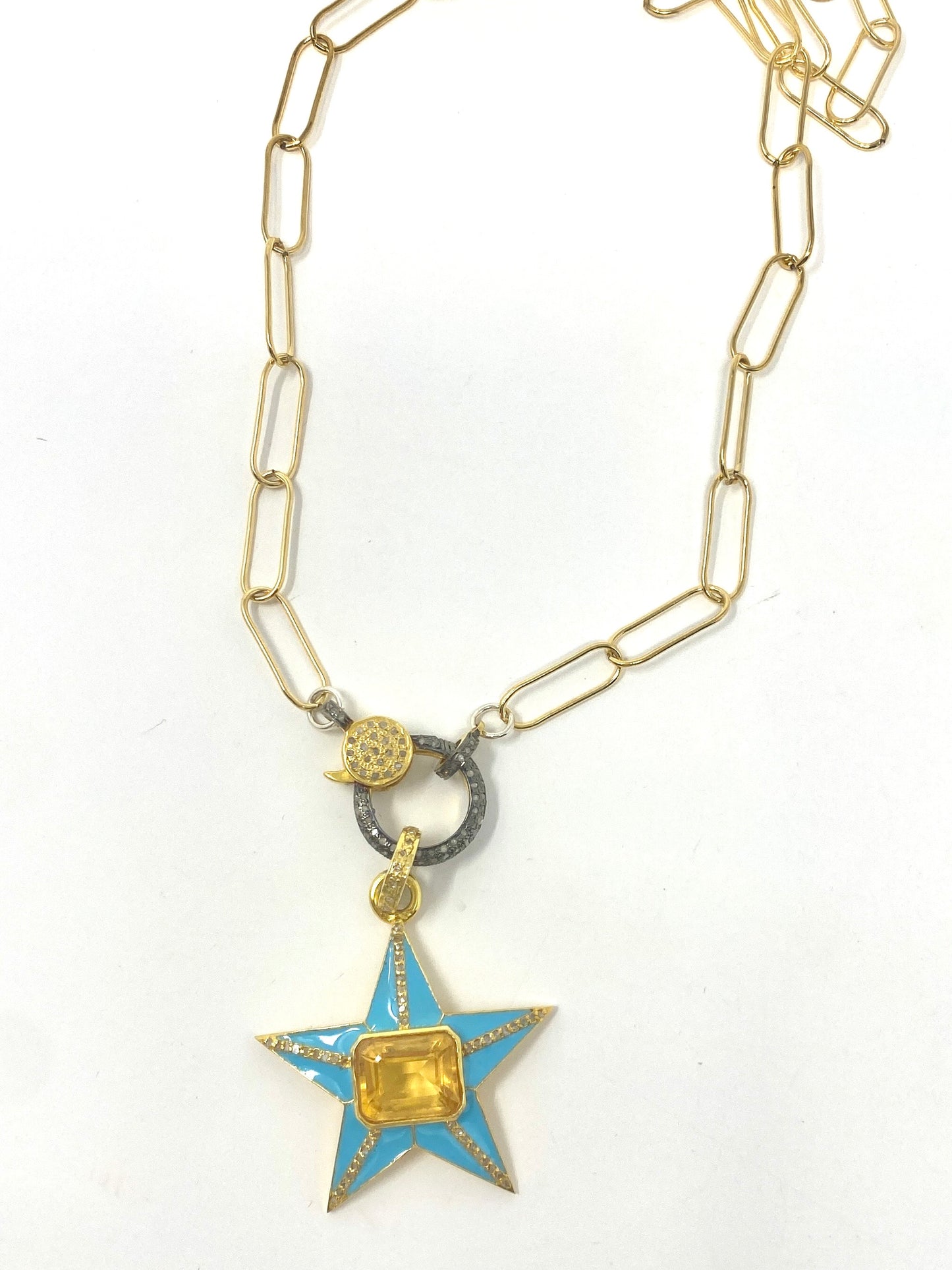 Diamond and Enamel and Citrine Necklace with Diamond Star Pendant