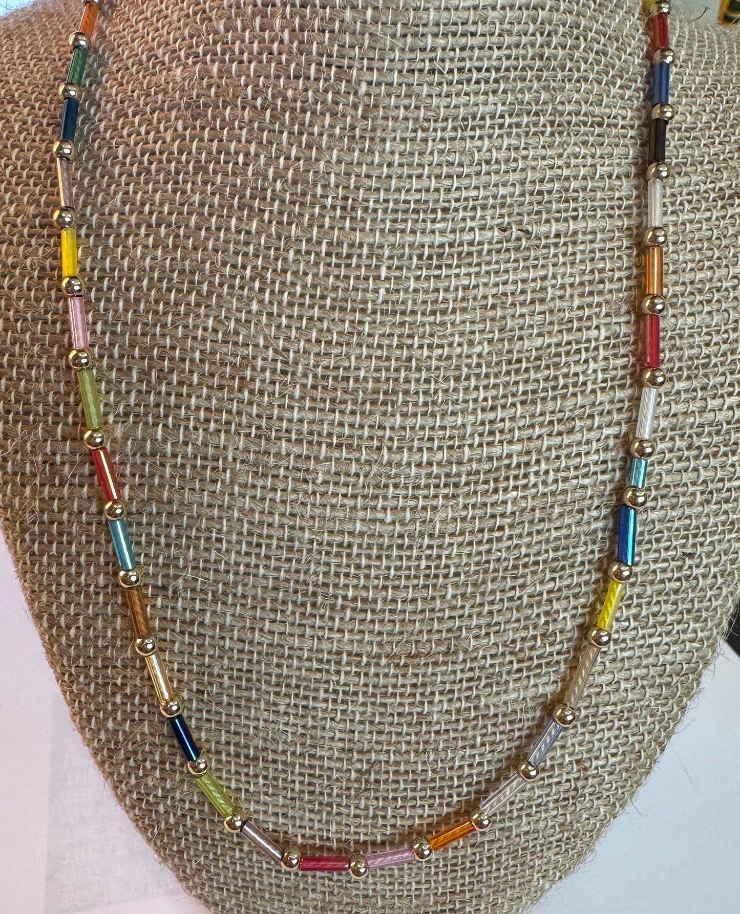 Rainbow Tube and Gold Bead Necklace