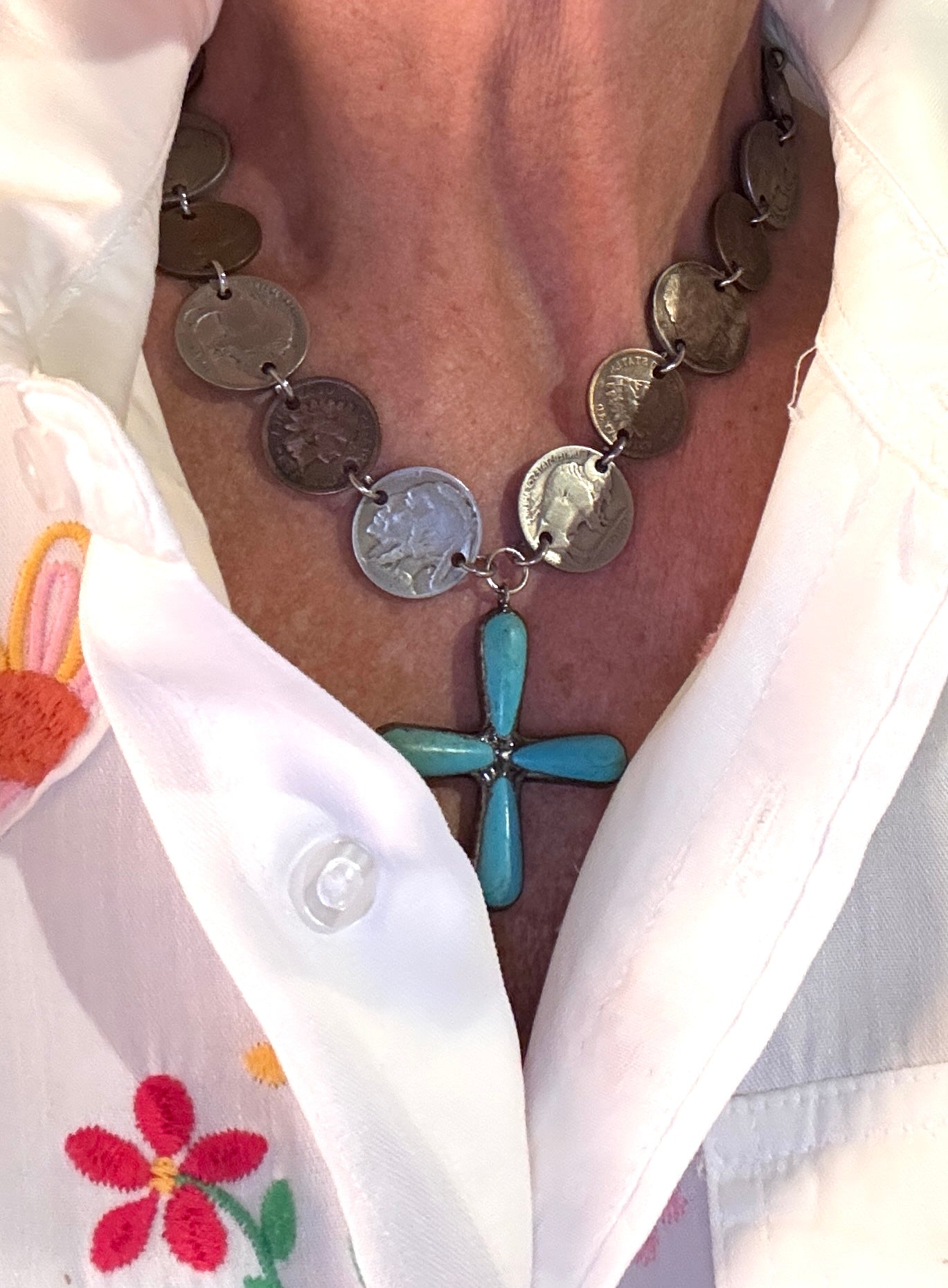 Vintage Coin Necklace with Turquoise Cross