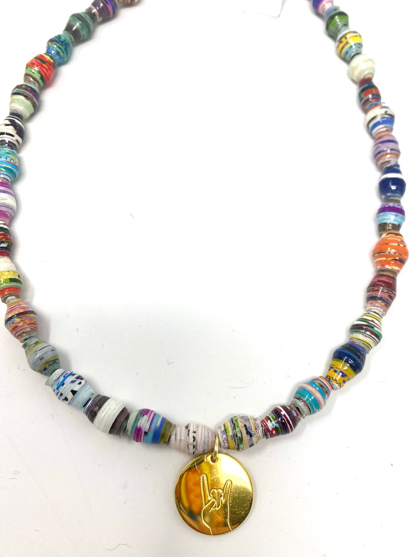 Paper Beaded Necklace With Brass "Hook 'Em" Pendant