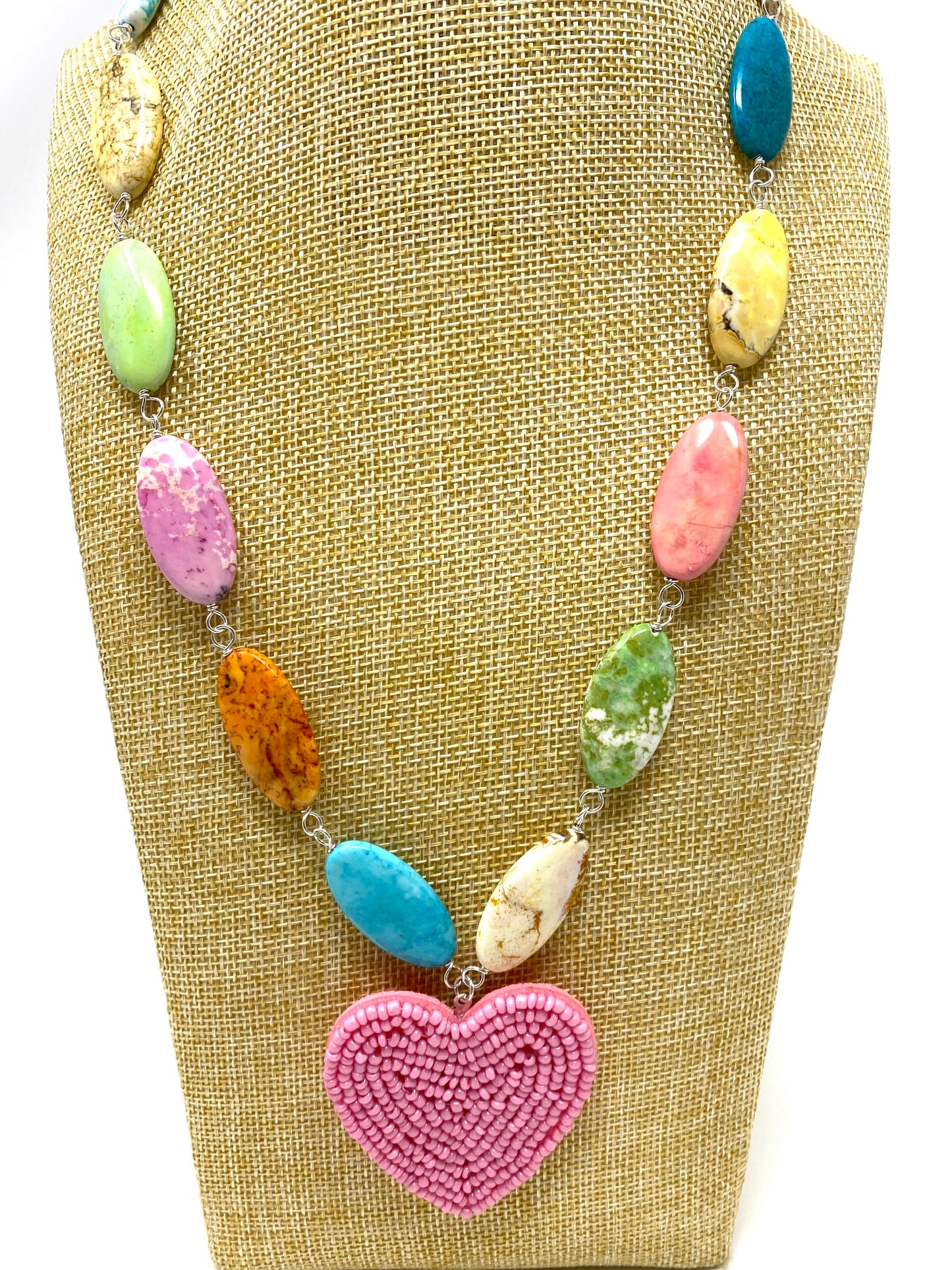 Multicolor Turquoise Necklace With Pink Seed Bead Heart Pendant