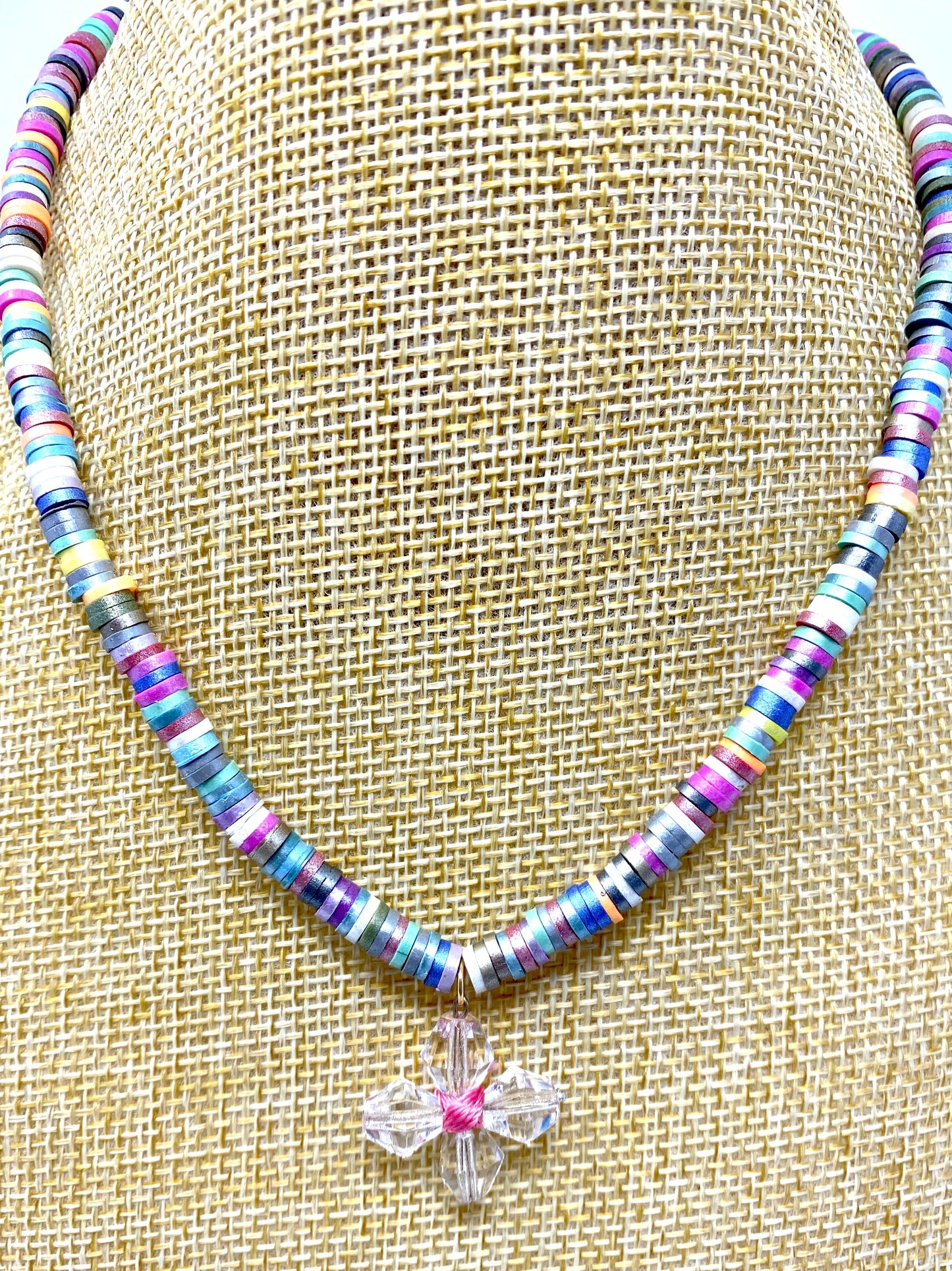 Rubber Disc Necklace With Clear Beaded Cross Pendant