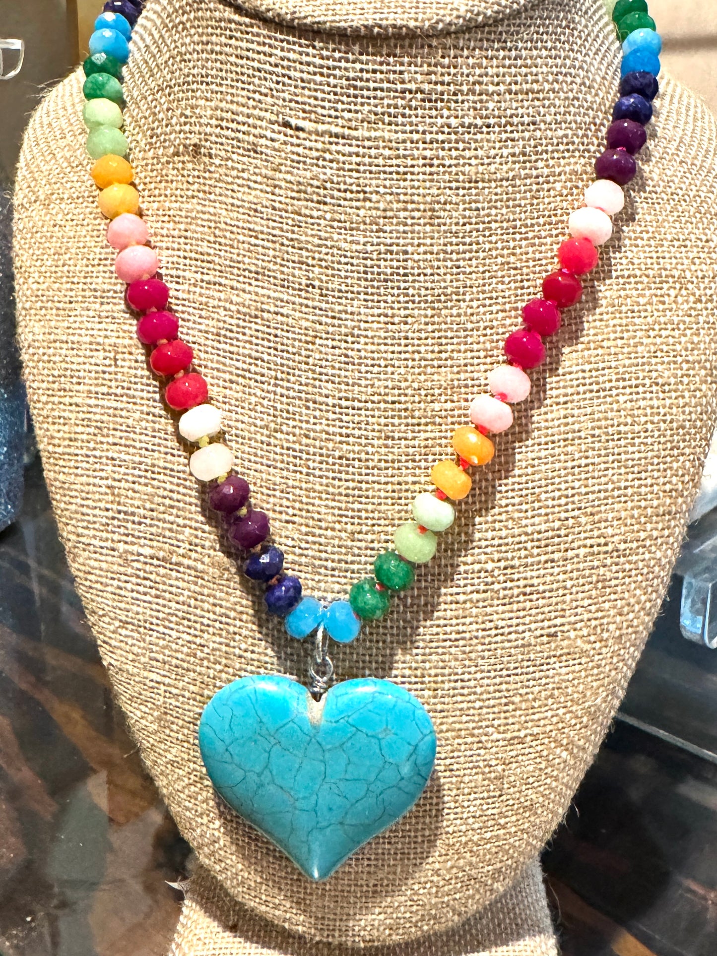 Rainbow Handknotted Necklace with Heart Pendant