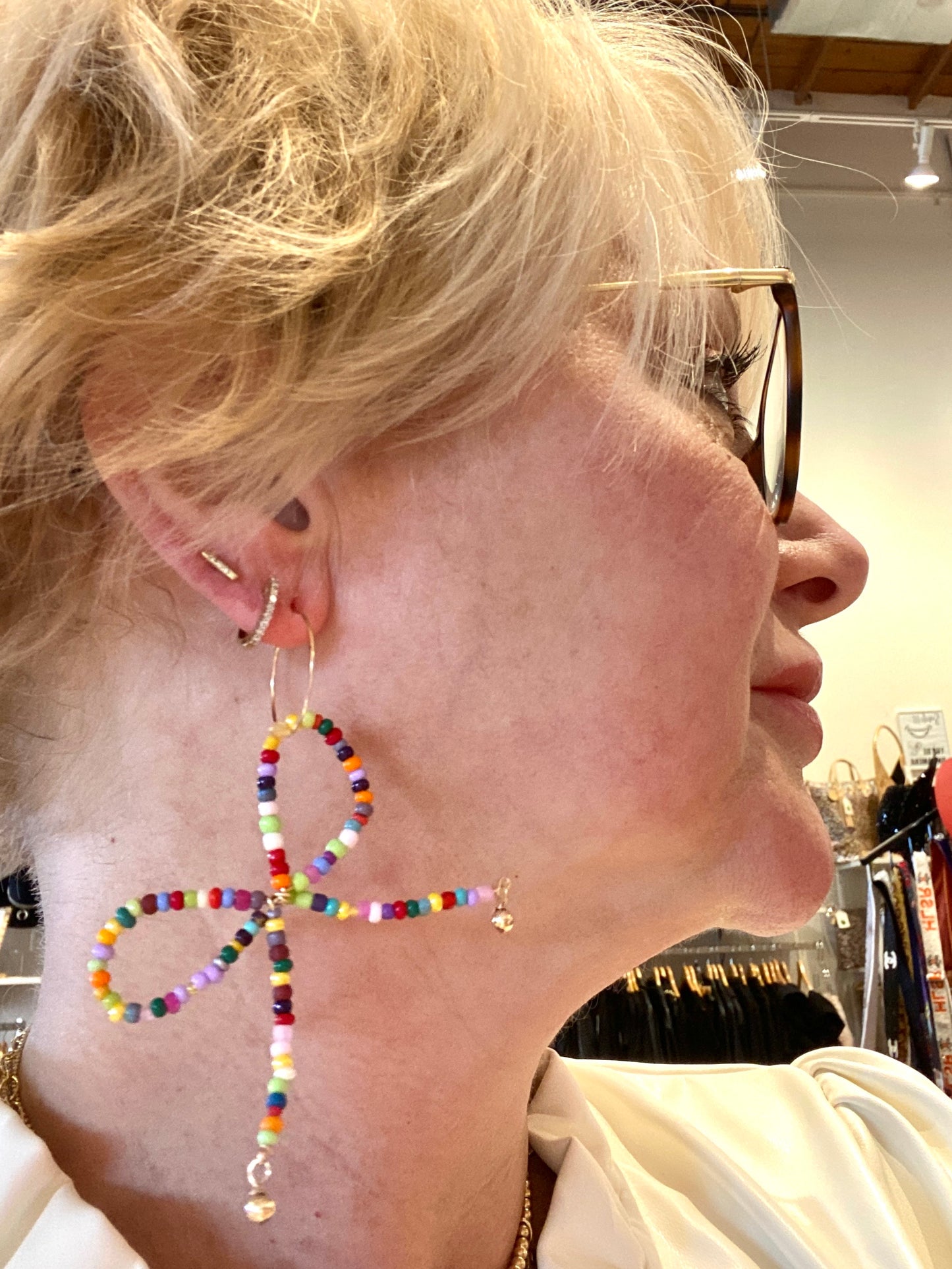 Multicolor Seed Bead Bow Earrings on Gold Filled Hoop