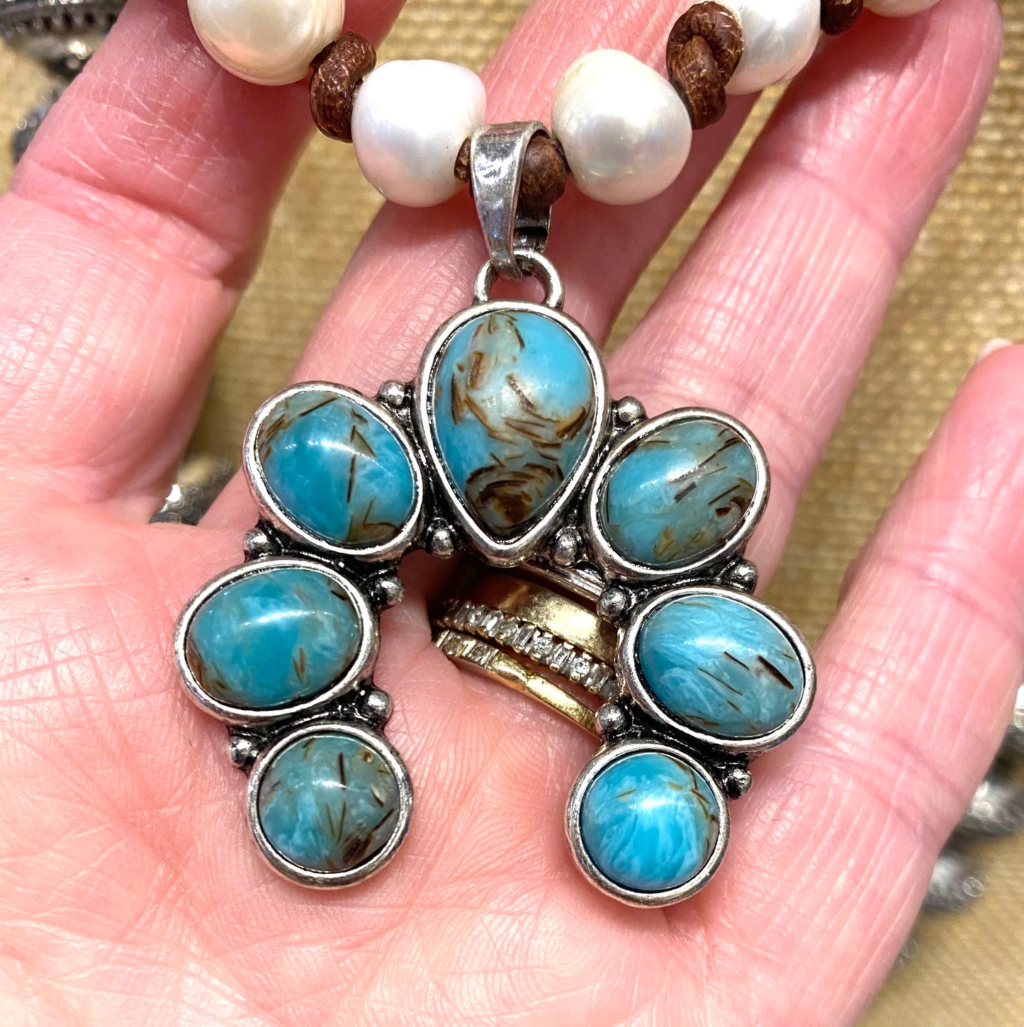 Freshwater Pearl Necklace on Leather Knotted Cord With Medium Turquoise Squash Blossom