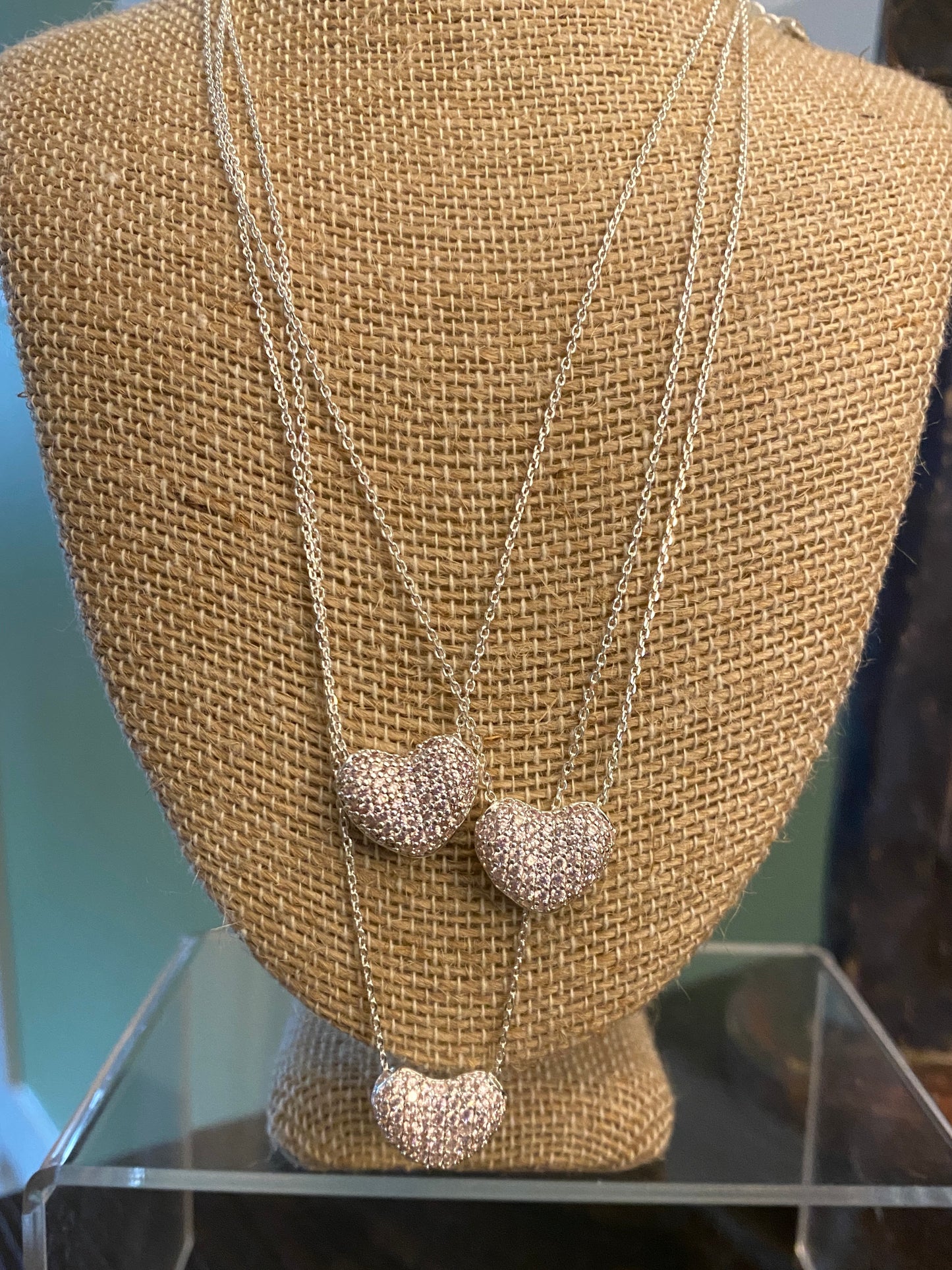 Pale Pink Crystal Puffy Heart Sterling Silver Necklace