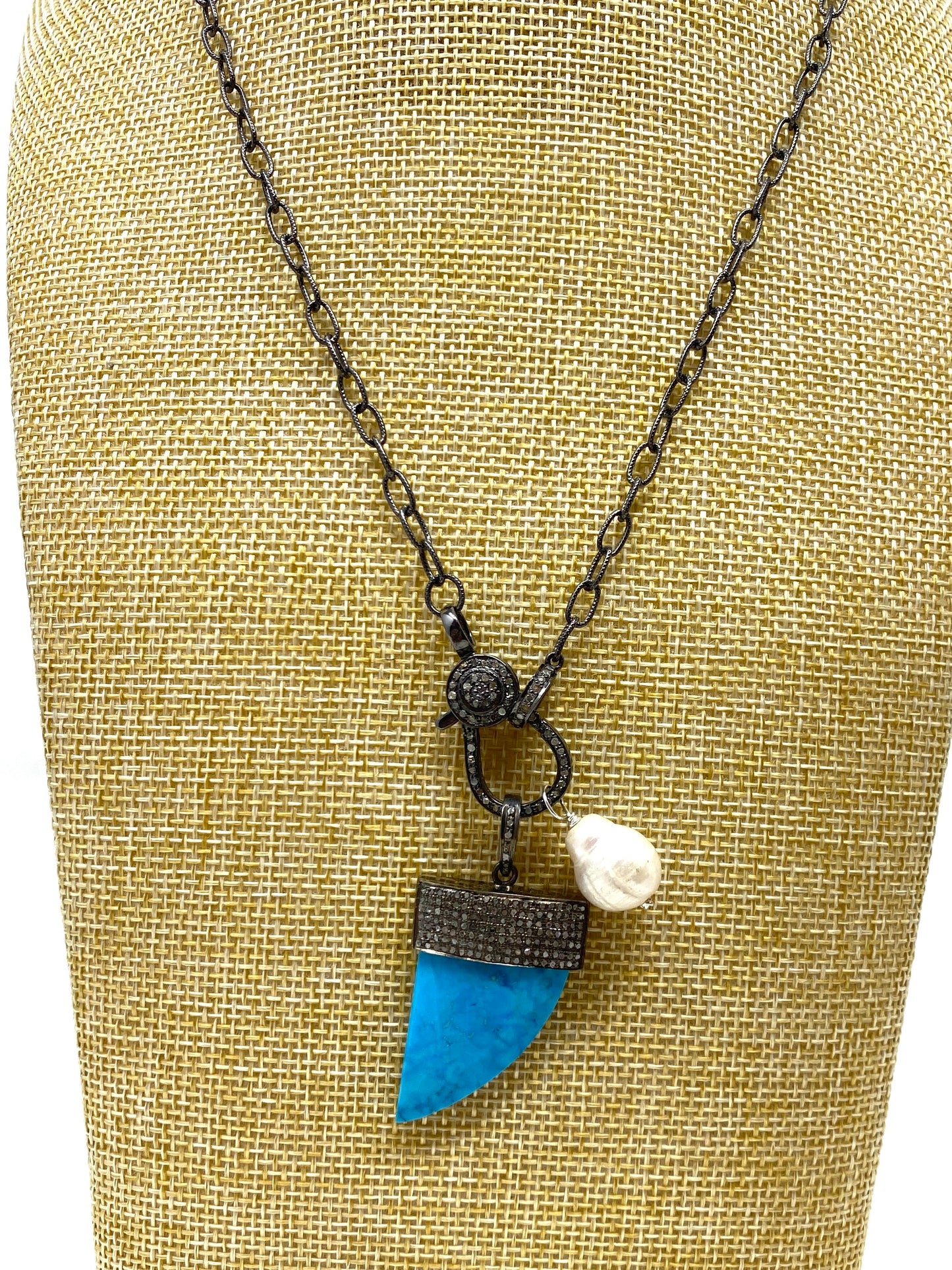 Oxidized Chain Necklace With Diamond Lobster and Turquoise/Diamond and Pearl Pendant