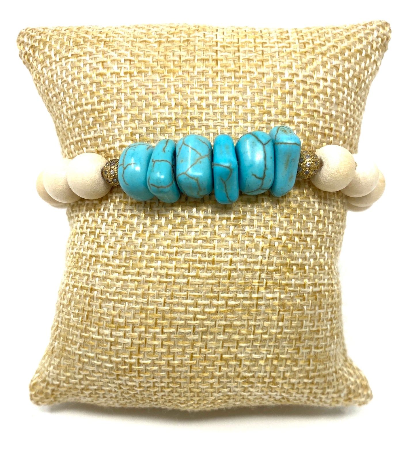 Wooden Elastic Bracelet with Turquoise Beads and Diamond Spacers
