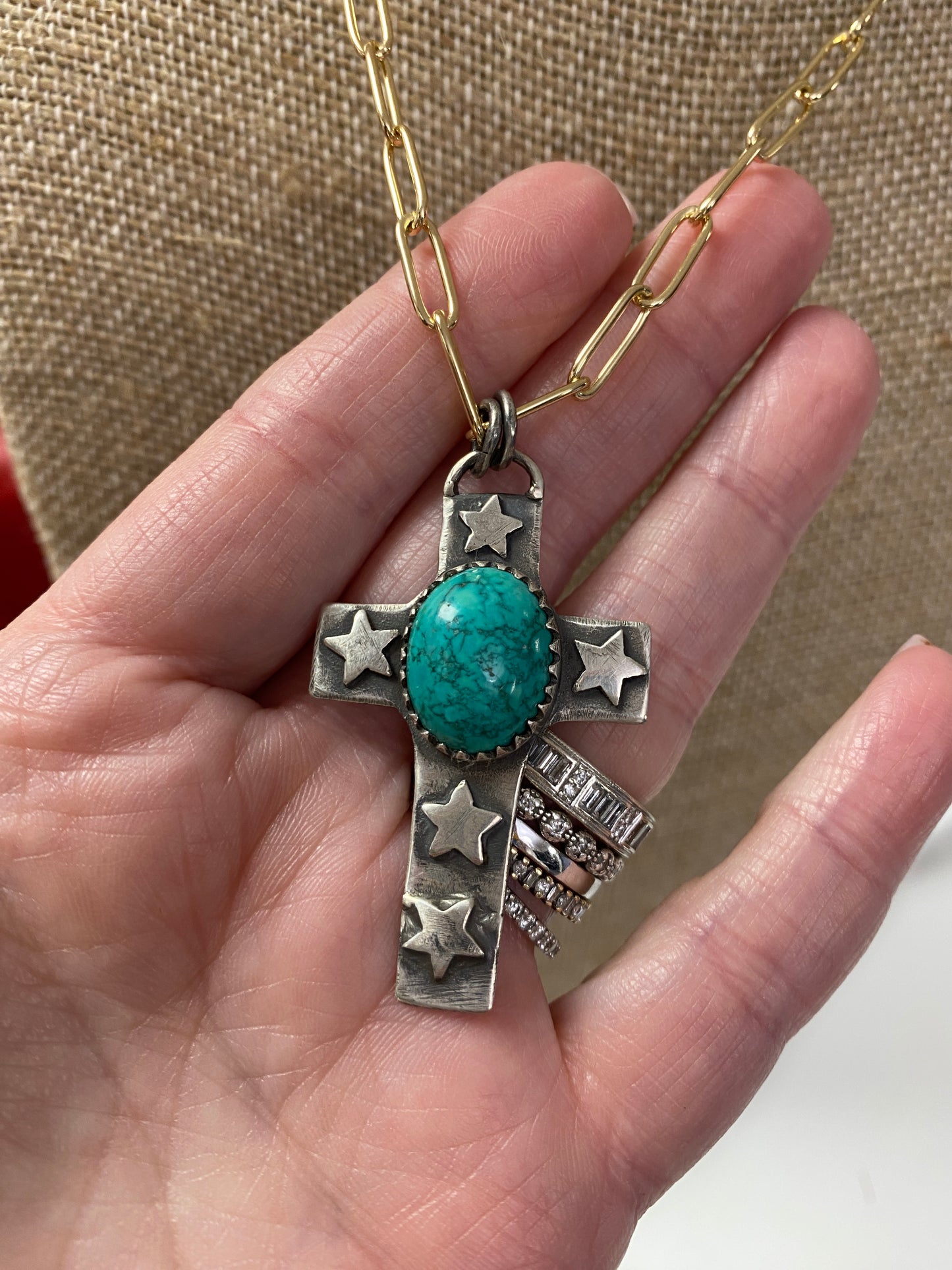 Gold Filled Paper Clip Chain Necklace With Sterling Silver and Turquoise Cross Pendant