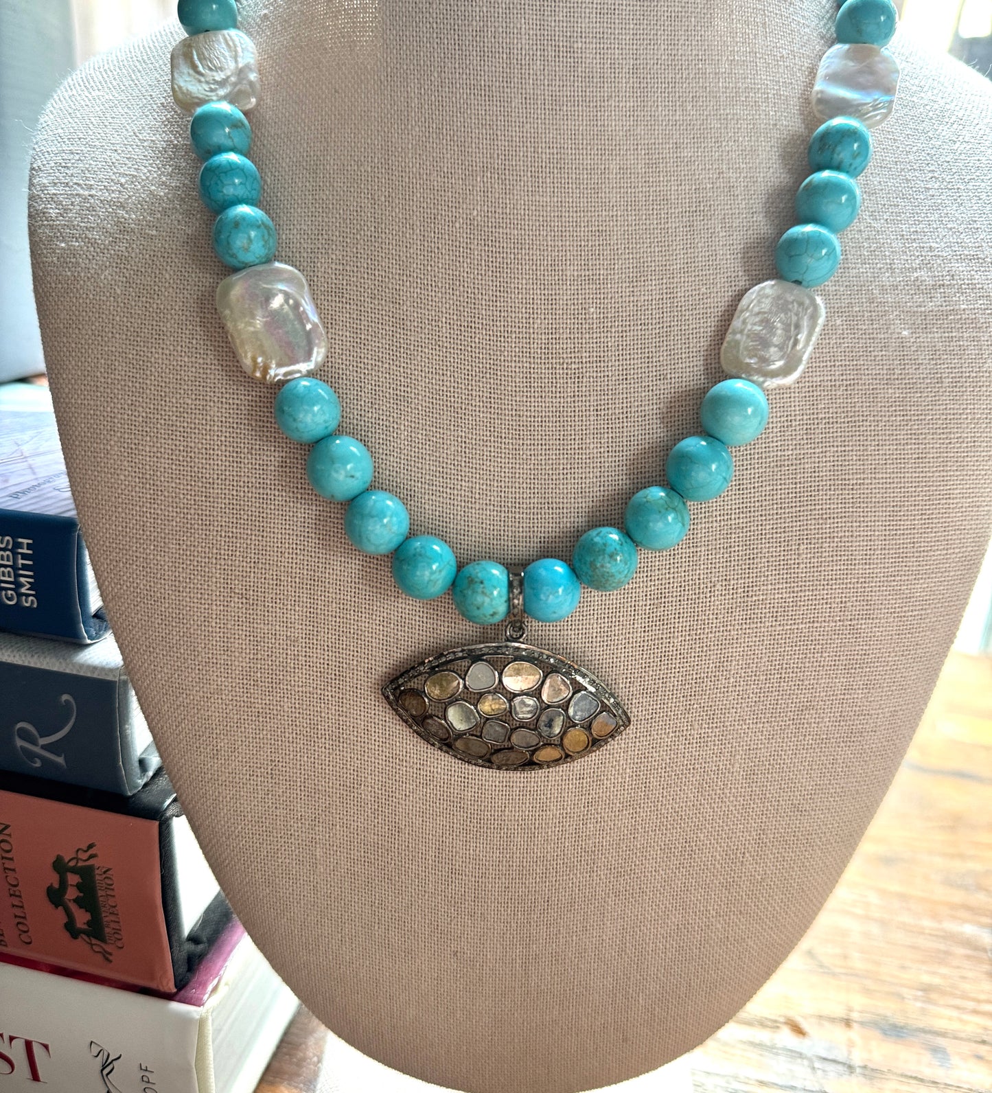 Turquoise and Pearl Necklace With Diamond Evil Eye