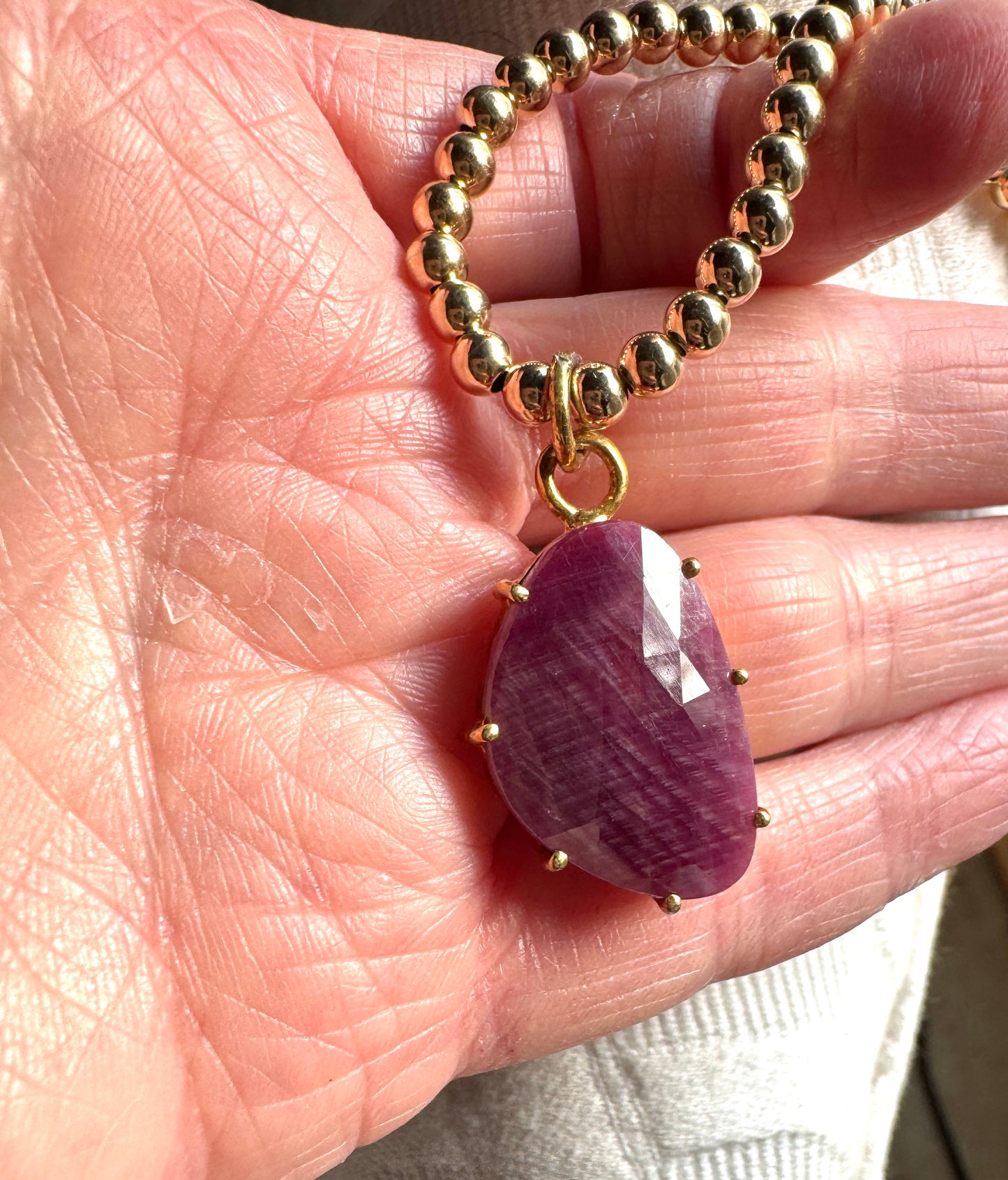 Gold Filled Beaded Necklace With Ruby