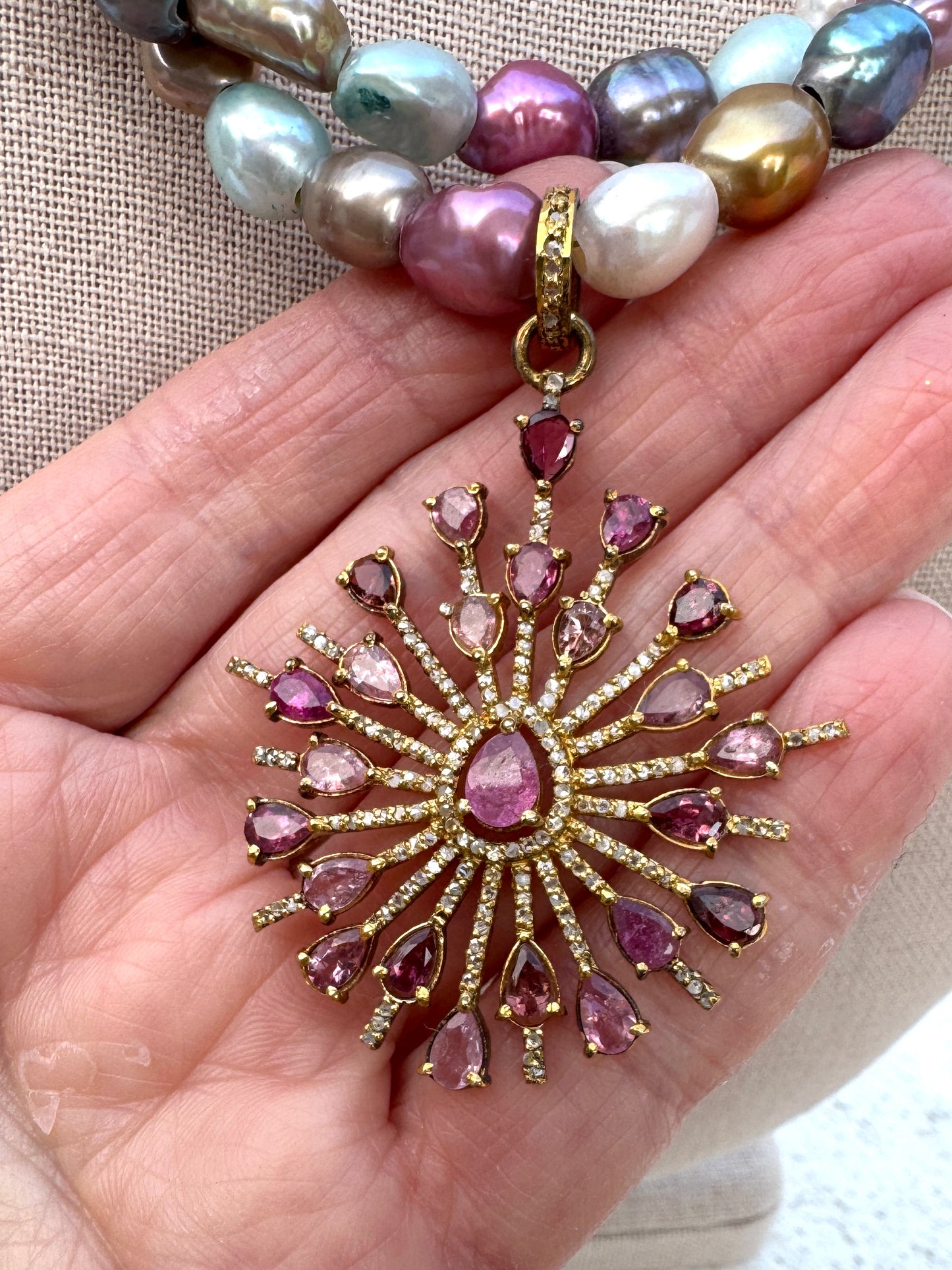 Multicolor Pearl Necklace With Sapphire and Diamond Pendant