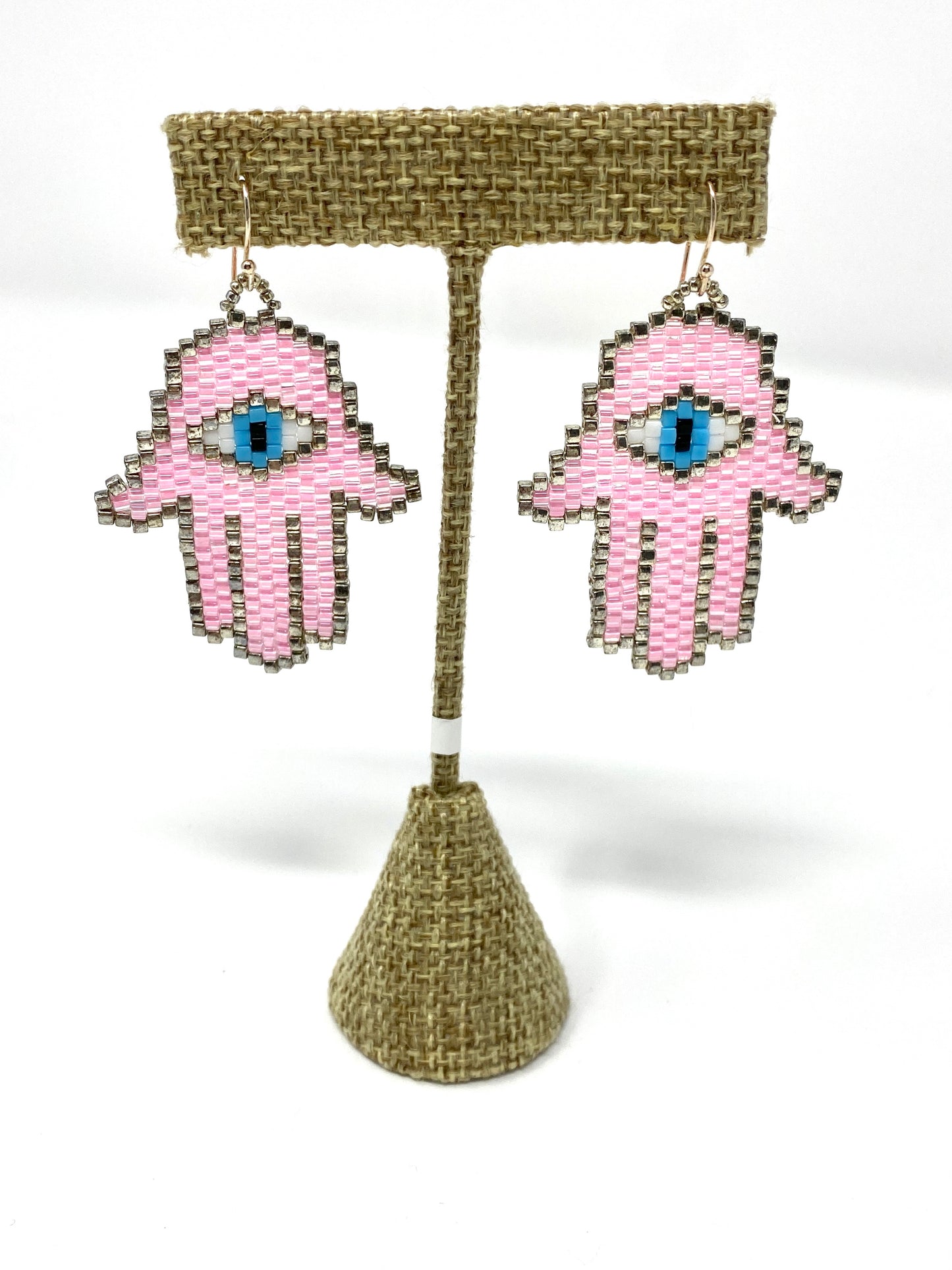 Pale Pink Seed Bead Hamsa and Evil Eye Earrings