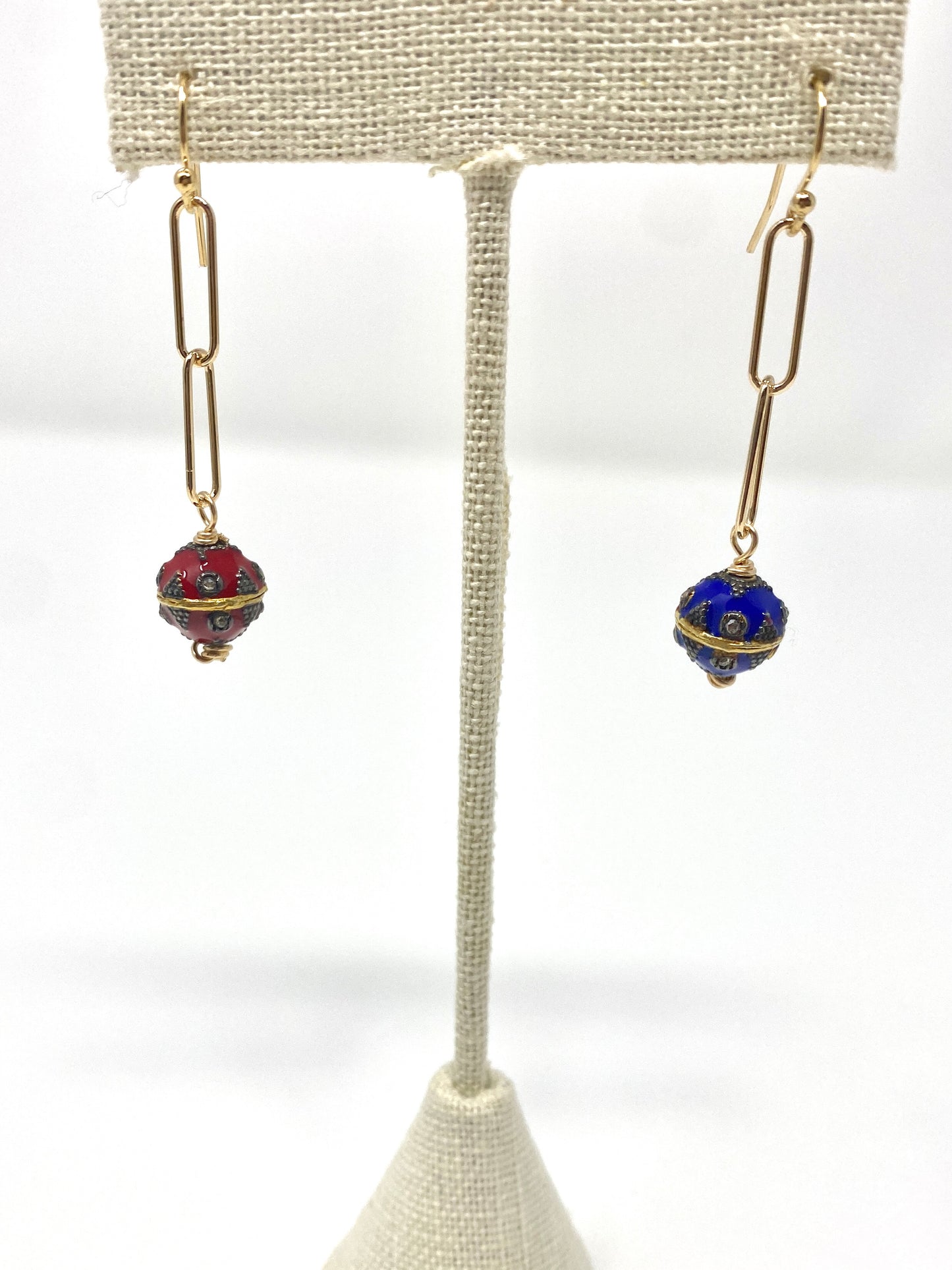 Red and Blue Enamel and Diamond Drop Earrings
