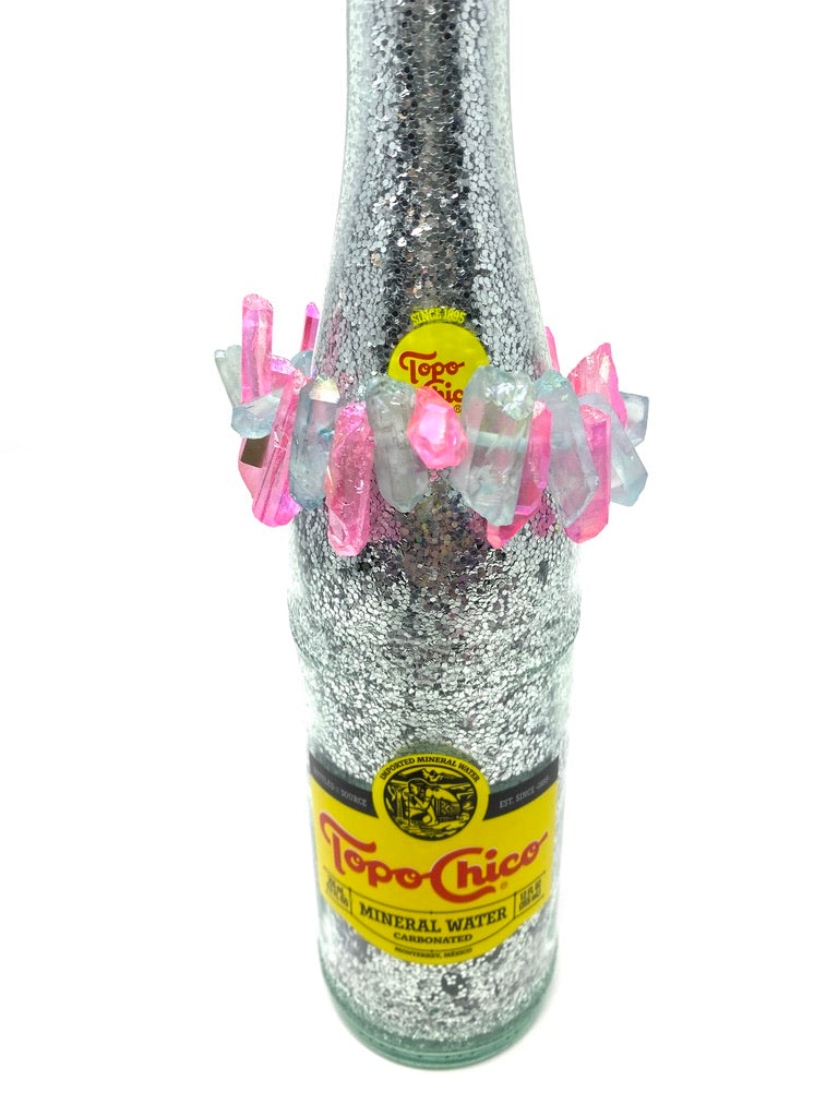 Hot Pink and Aquamarine Colored Crystal Elastic Bracelet