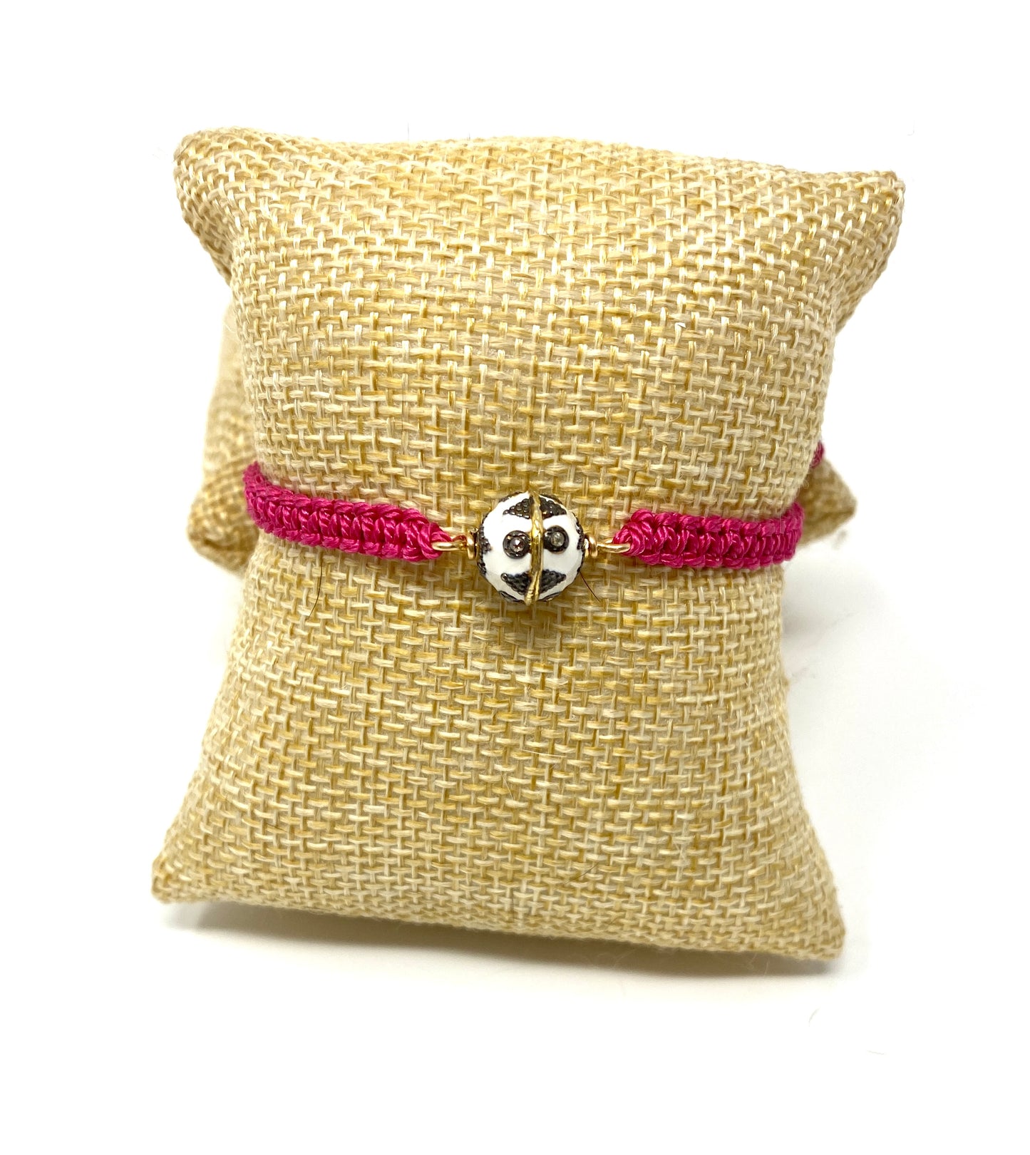 Fuschia Macrame Adjustable Bracelet With Round White Enamel and Diamond Bead Connector