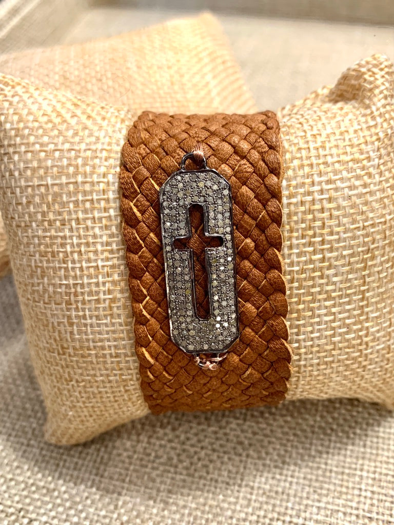 Leather Braided Cuff Bracelet with Pave Diamond Cross Connector