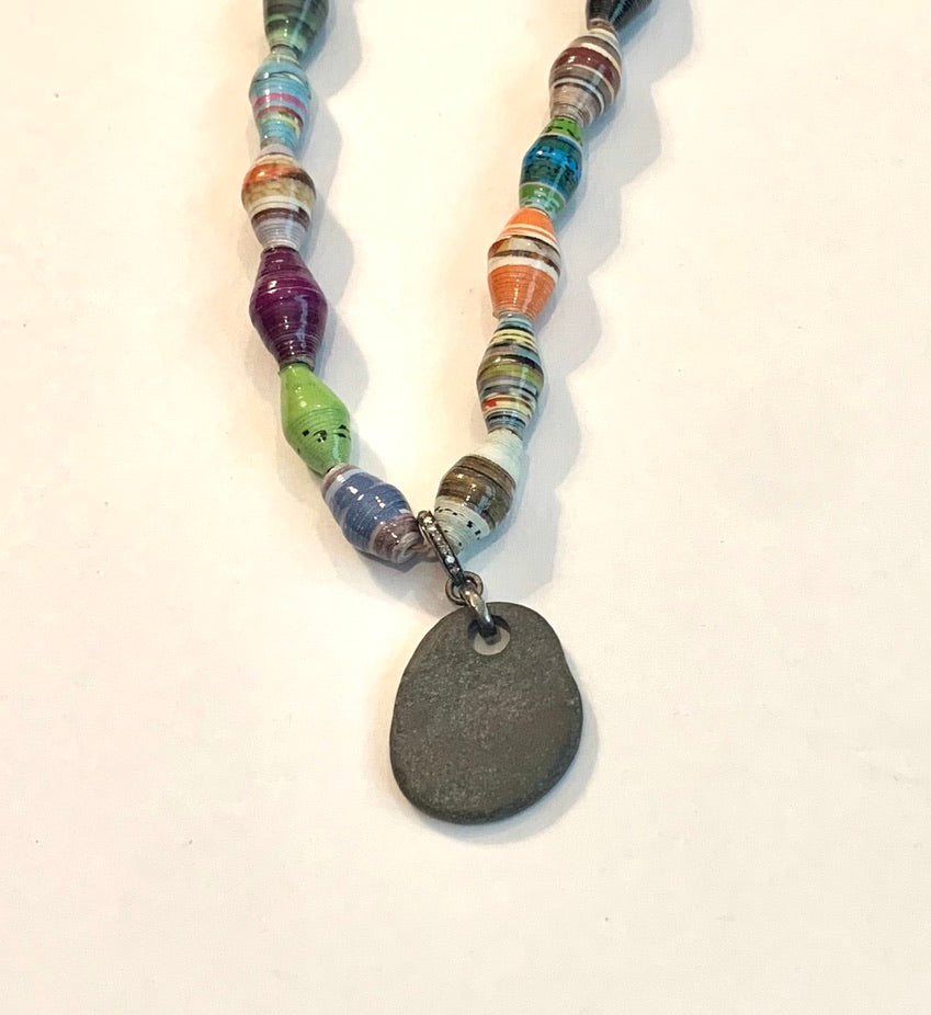 Paper Bead Necklace with River Rock Pendant