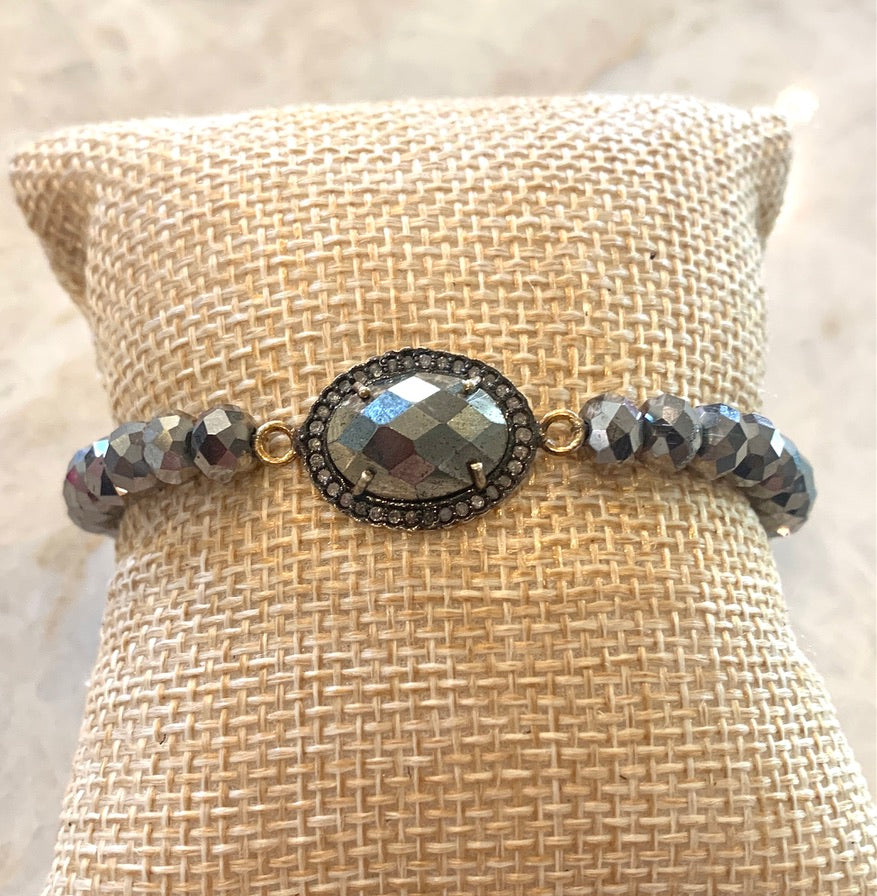 Metallic Faceted Pyrite Beaded Bracelet with Pave Diamond and Pyrite Connector