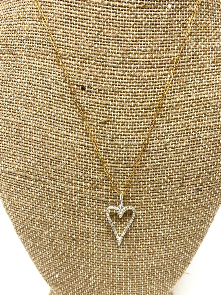 Dainty Gold Filled Necklace With Silver and Diamond Open Heart Pendant
