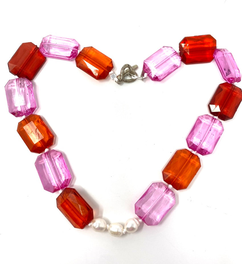 Red and Pink Acrylic Stones Hand Knotted Necklace With Freshwater Pearls