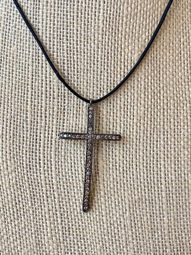 Black Cord Necklace with Pave Diamond Cross Pendant