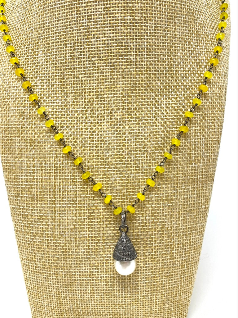 Yellow Gemstone Rosary Style Necklace With Pearl and Diamond Pendant