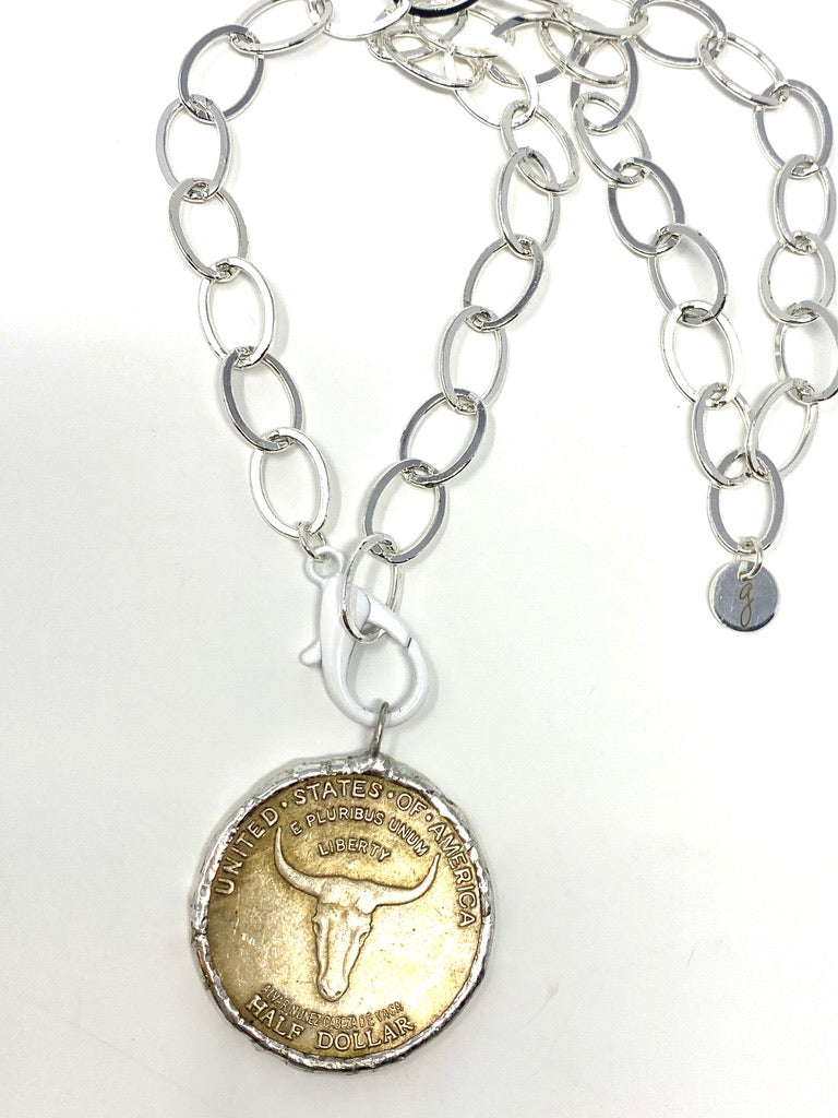 Vintage Longhorn Coin Medallion on Silver Chain