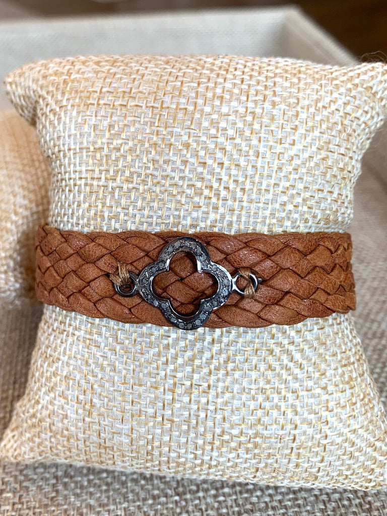 Light Brown Braided Cuff Bracelet with Pave Diamond Clover Accent