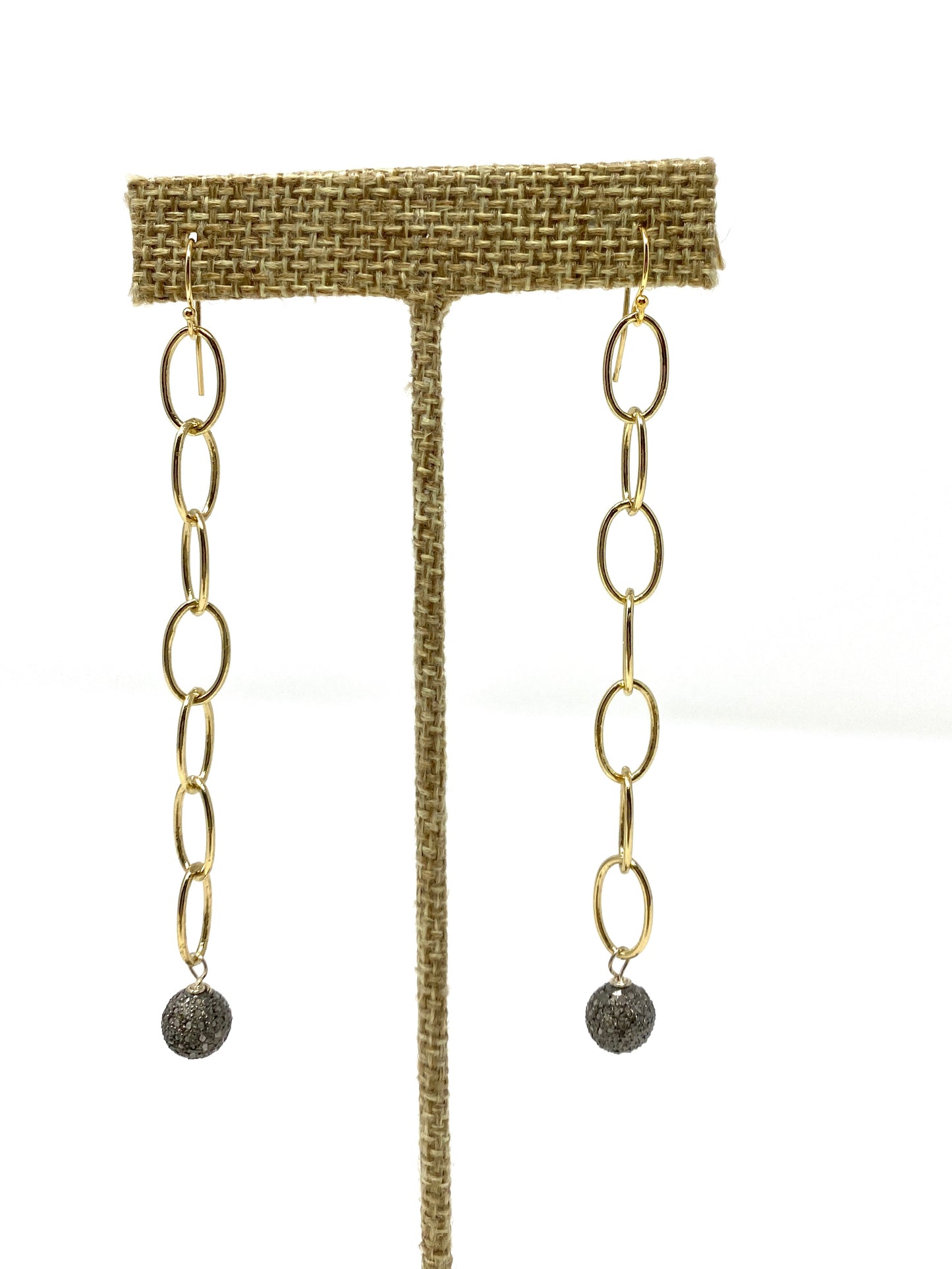 Gold Filled Link Chain Earrings With Pave Diamond Bead