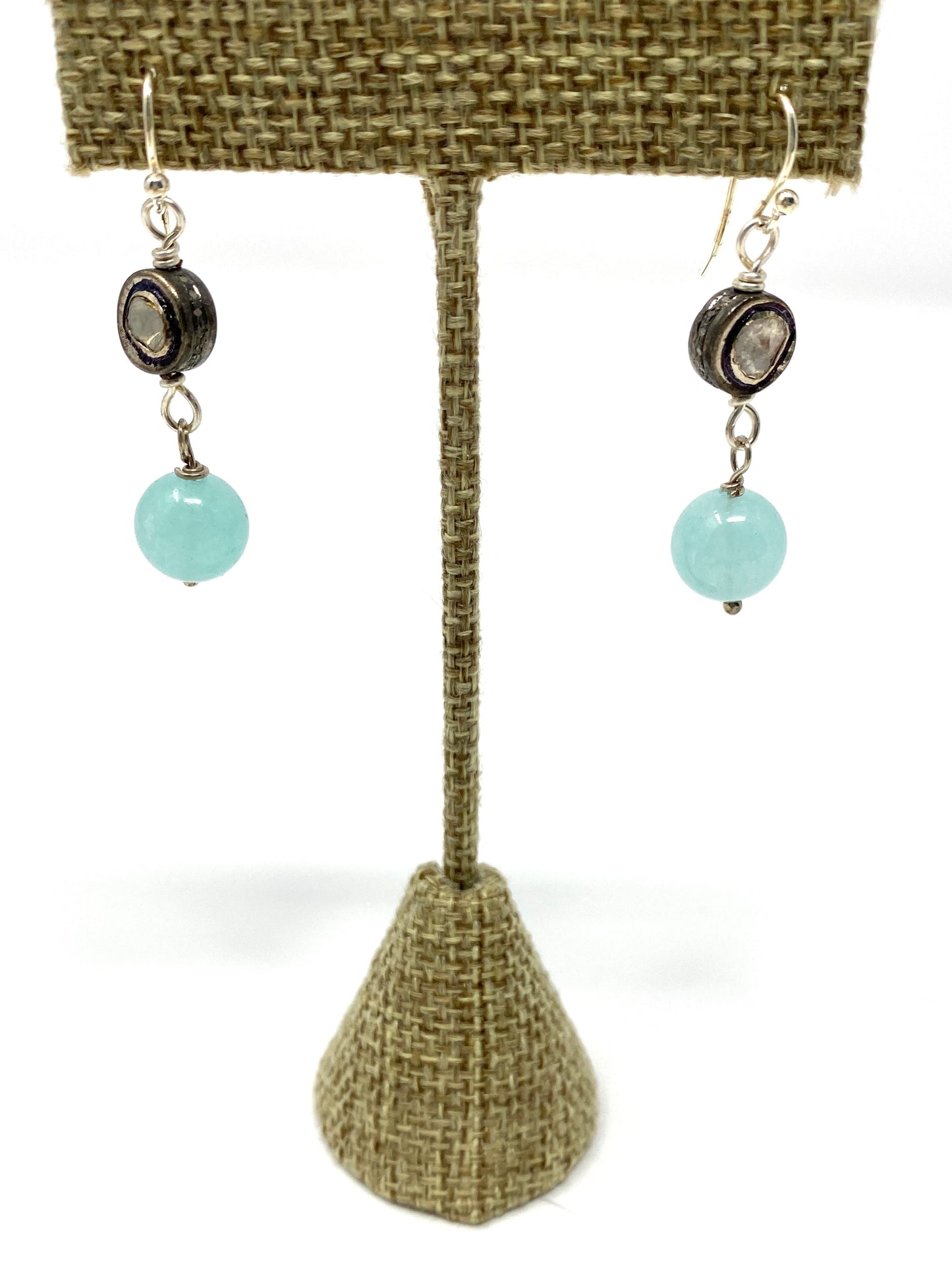 Double Sided Polki Diamond and Sky Blue Glass Beaded Earrings