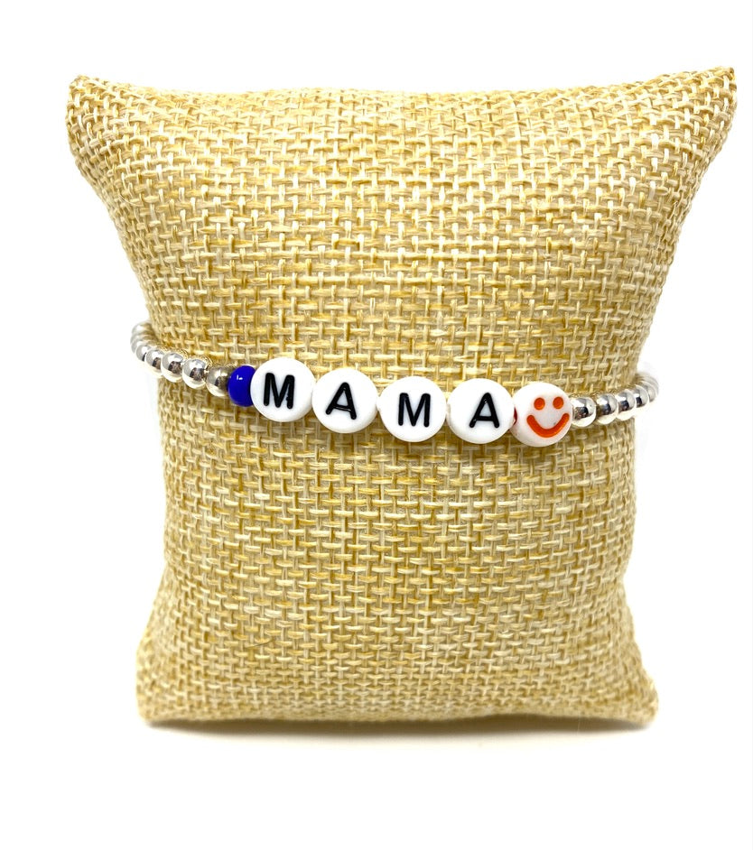 4mm Sterling Silver Elastic Beaded Bracelet "MAMA"