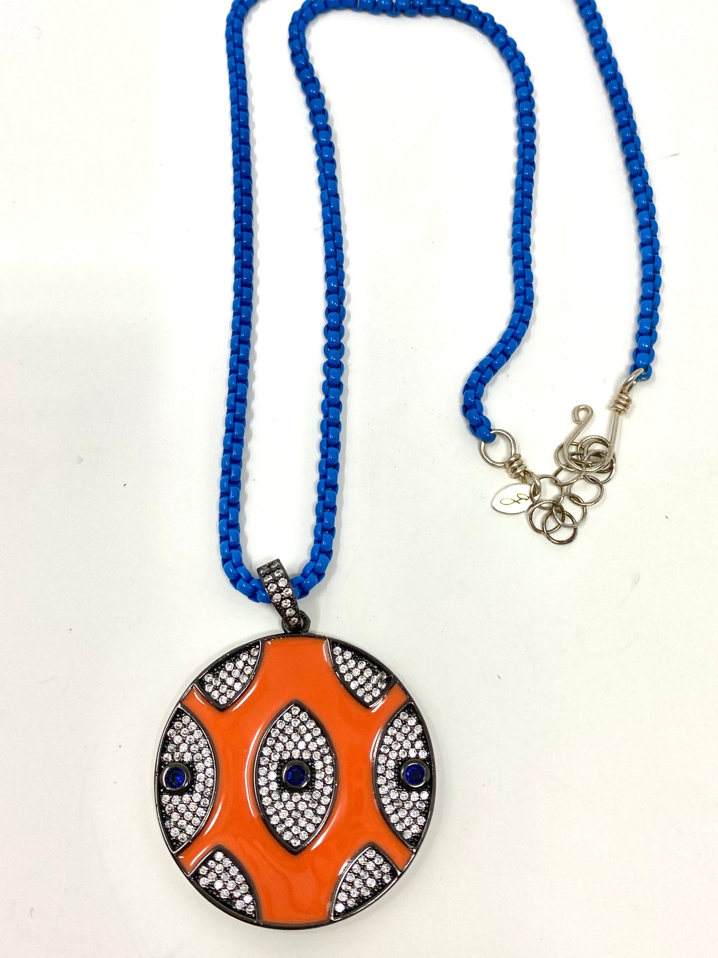 Blue Enamel Box Chain Necklace With Orange Enamel Evil Eye Pendant