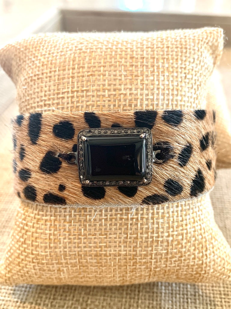 Cheetah Print Cuff Bracelet with Onyx and Diamond Connector