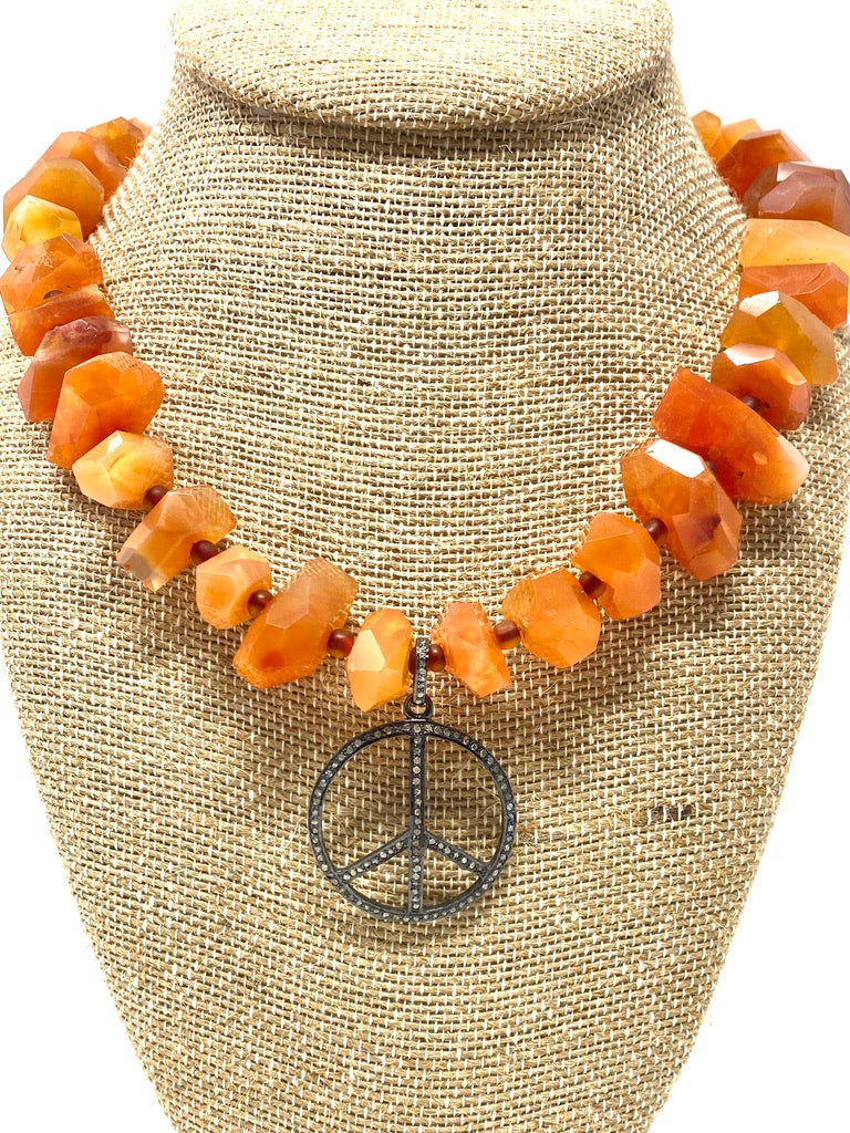 Chunky Carnelian Necklace With Diamond Peace Sign Pendant