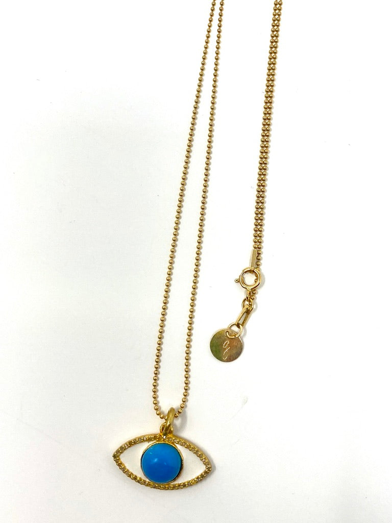 Gold Filled Ball Chain Necklace With Enamel and Diamond Evil Eye Pendant