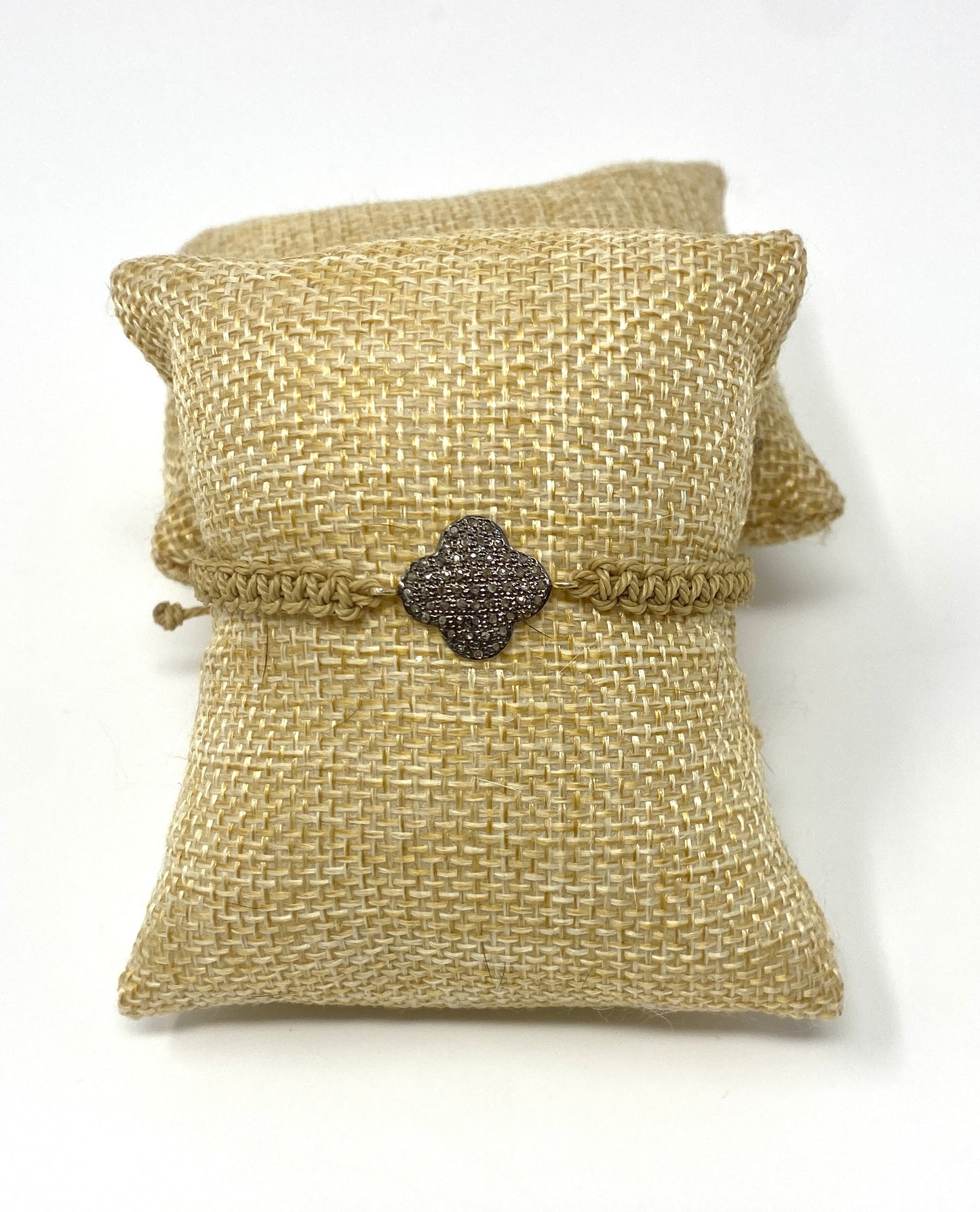 Tan Adjustable Macrame Bracelet With Pave Diamond Clover Shaped Connector