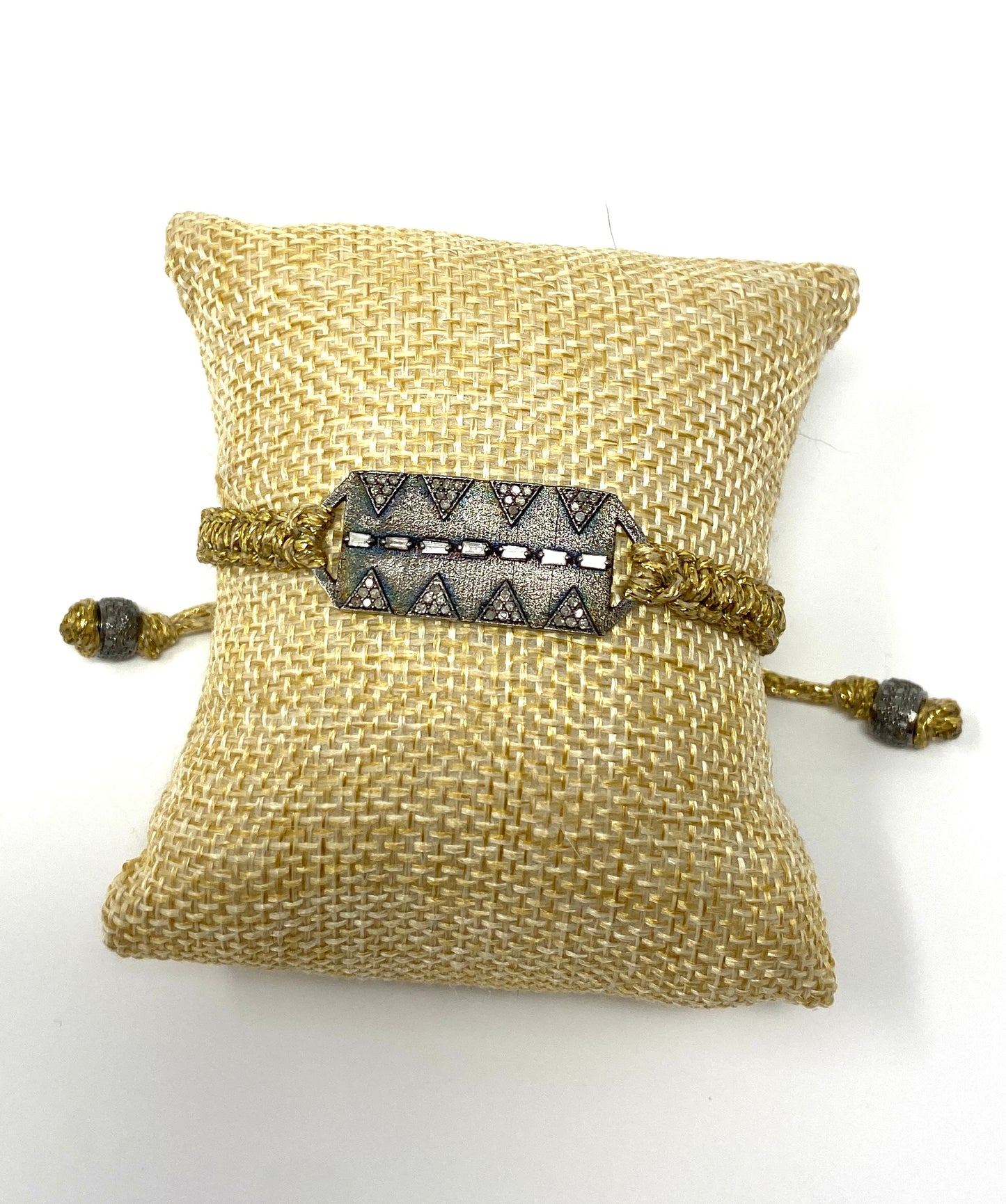 Gold Adjustable Macrame Bracelet With Rectangular Oxidized Silver and Pave Diamond Connector