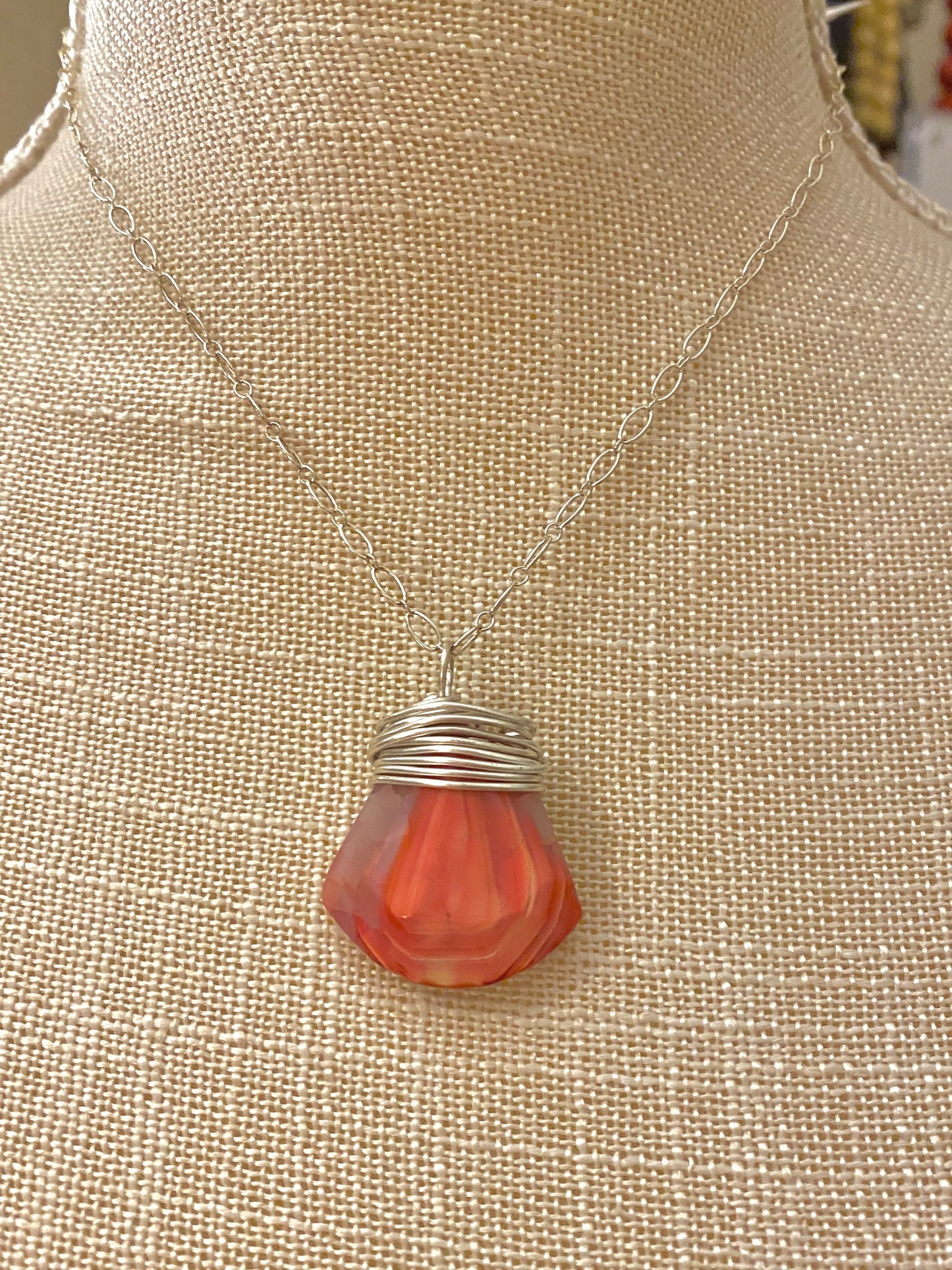 Delicate Sterling Silver Necklace With Silver Wire Wrapped Pink Jade Stone