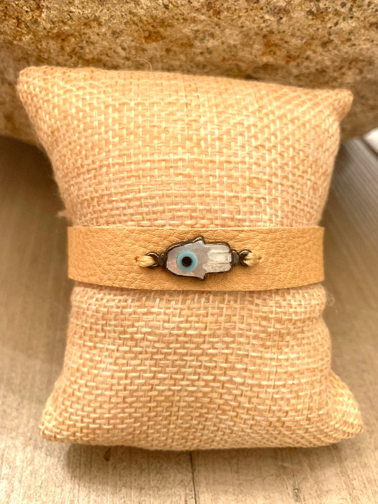 Tan Leather Cuff Bracelet with Mother of Pearl Hamsa Connector