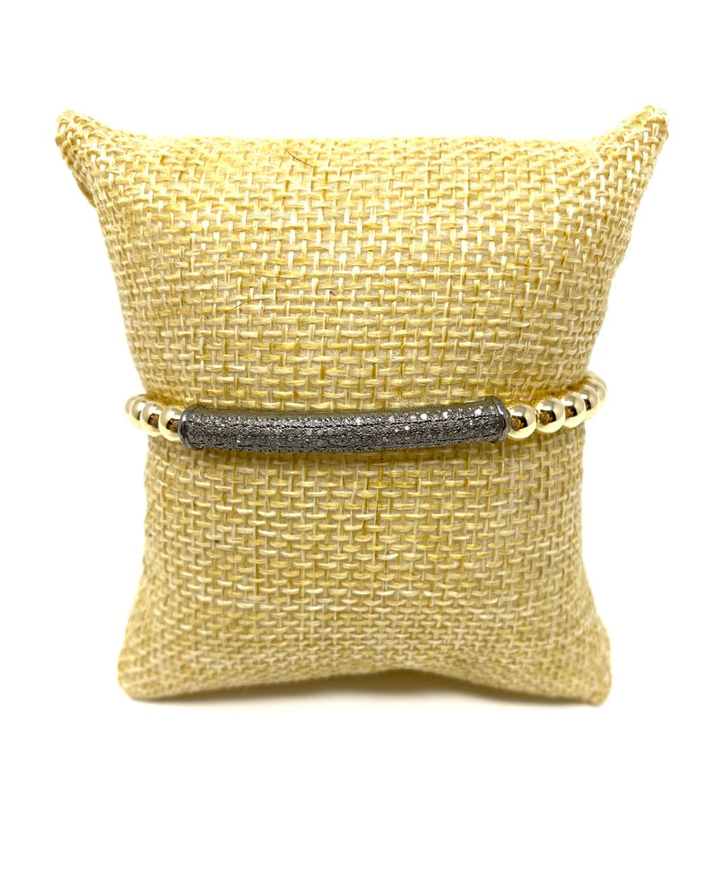 5mm Gold Filled Beaded Elastic Bracelet With Pave Diamond Tube