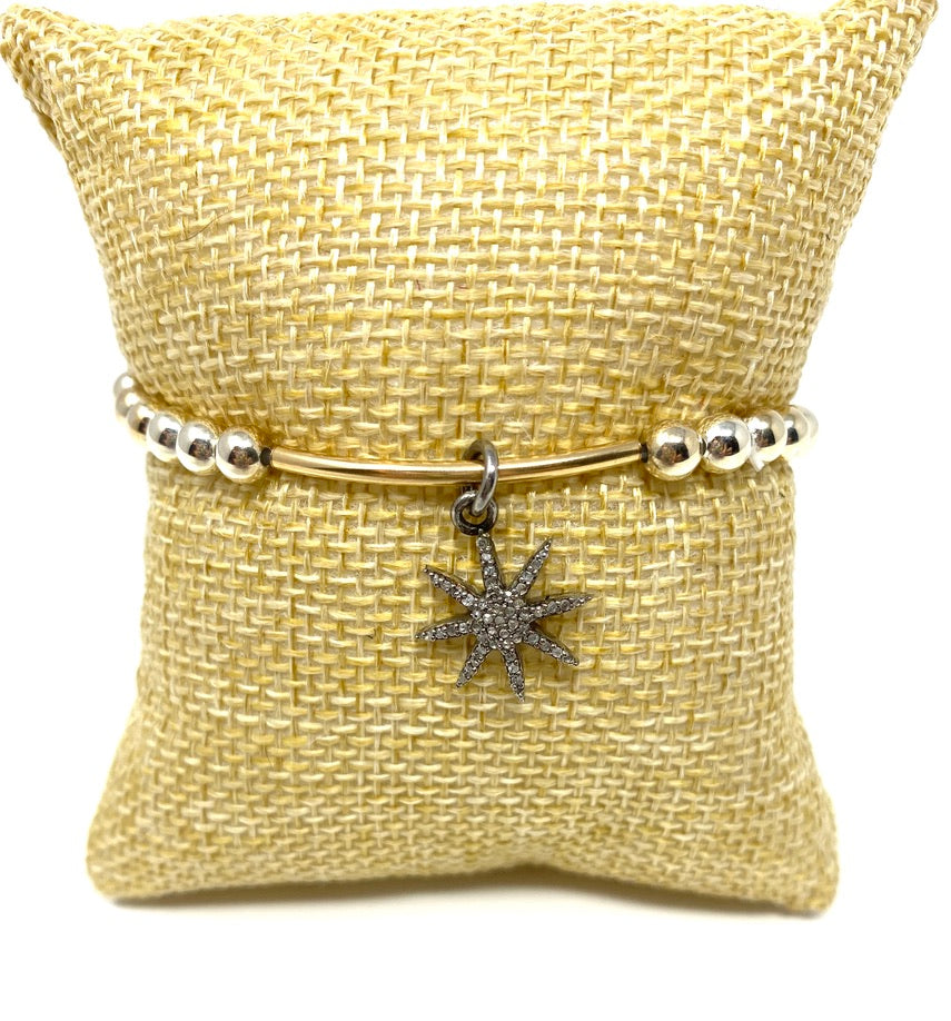 5mm Sterling Silver Beaded Elastic Bracelet With Gold Filled Bar and Diamond Starburst Charm