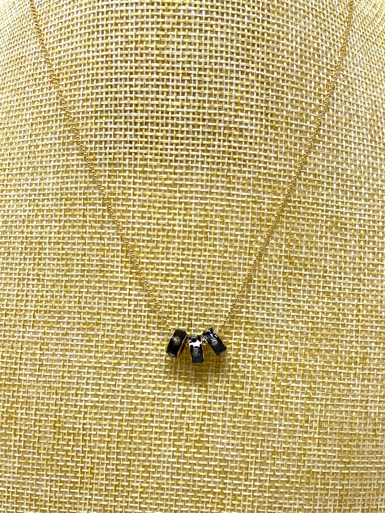 Gold Filled Ball Chain Necklace With Black Enamel and Diamond Spacers