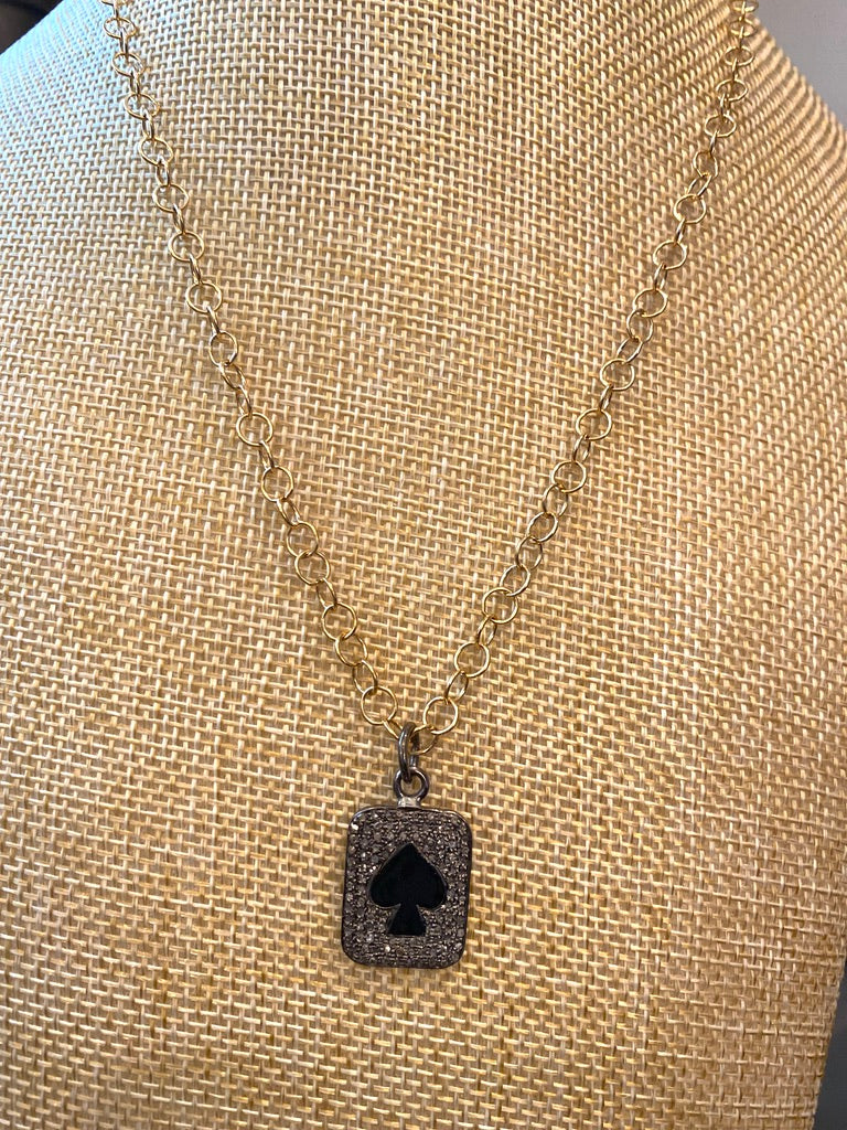 Gold Filled Chain Necklace with Pave Diamond and Enamel Ace of Spades Pendant