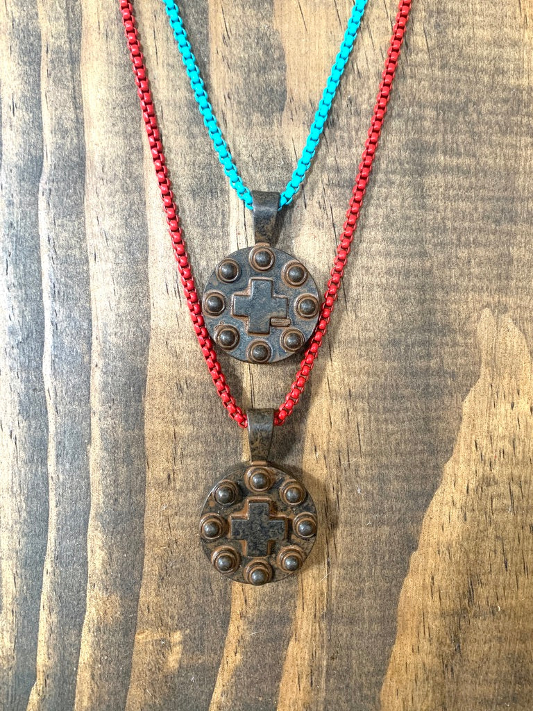 Box Chain Necklace with Rustic Cross Pendant