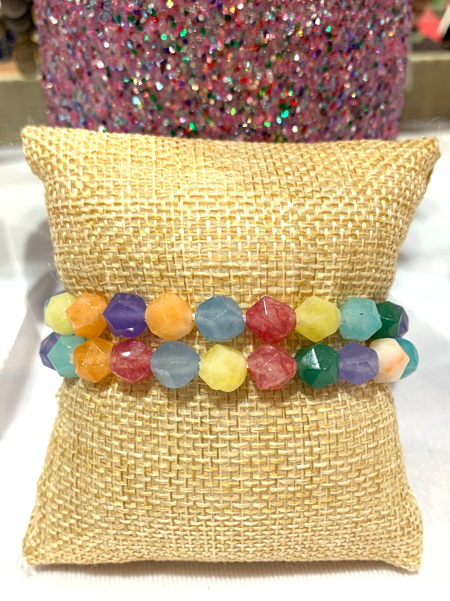 Multicolored Jade Faceted Elastic Beaded Bracelet