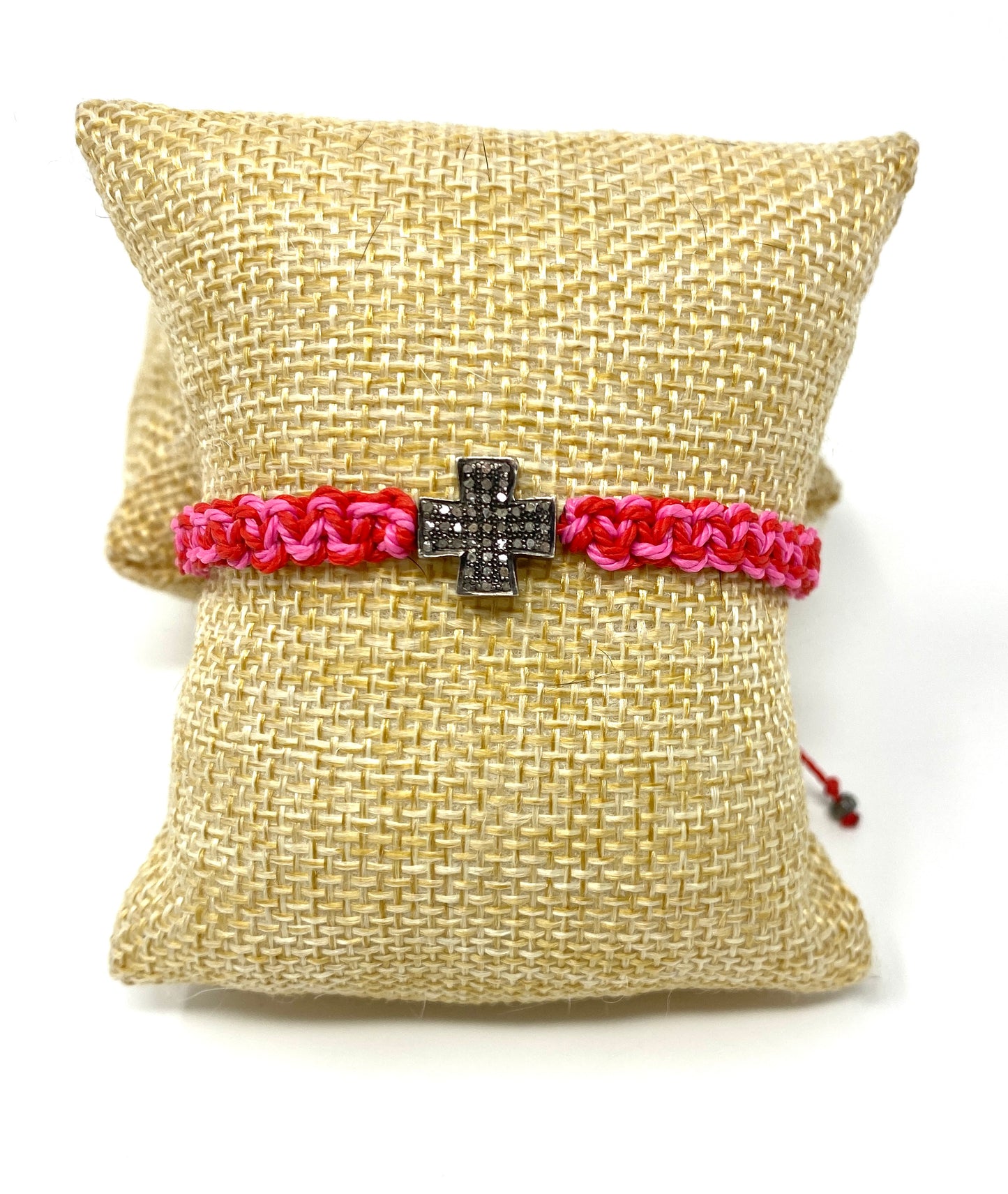 Pink and Red Adjustable Macrame Bracelet With Pave Diamond Cross Connector Bead