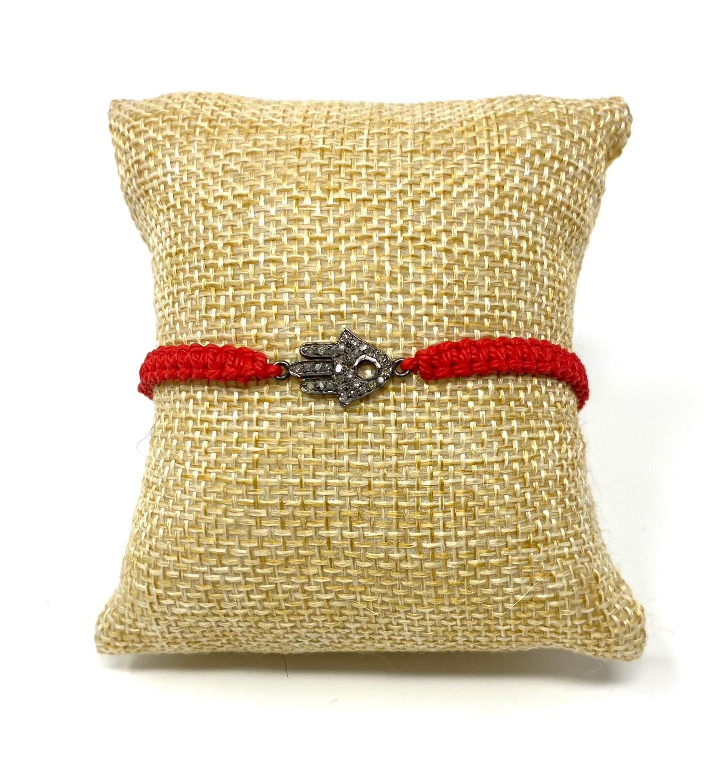 Red Adjustable Macrame Bracelet With Pave Diamond Hamsa Connector