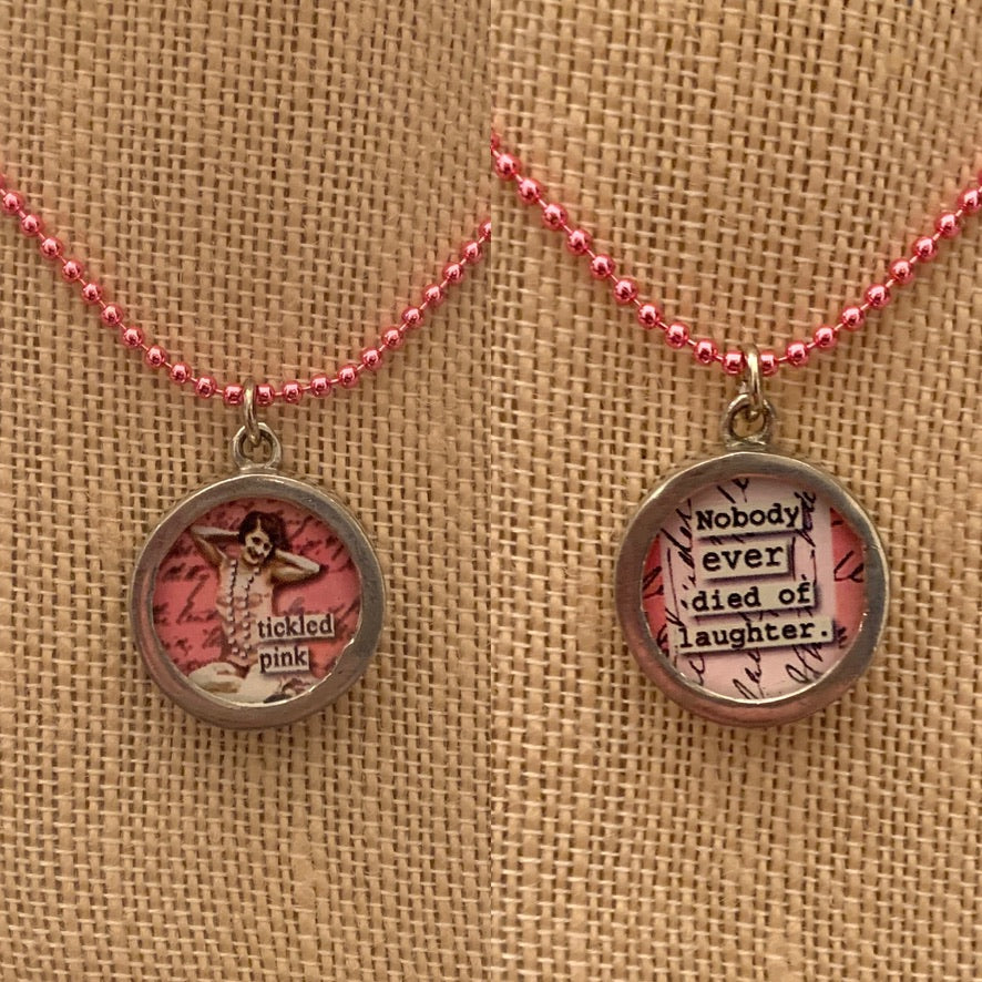 Pink Ball Chain Necklace with Pewter Double Sided Pendant